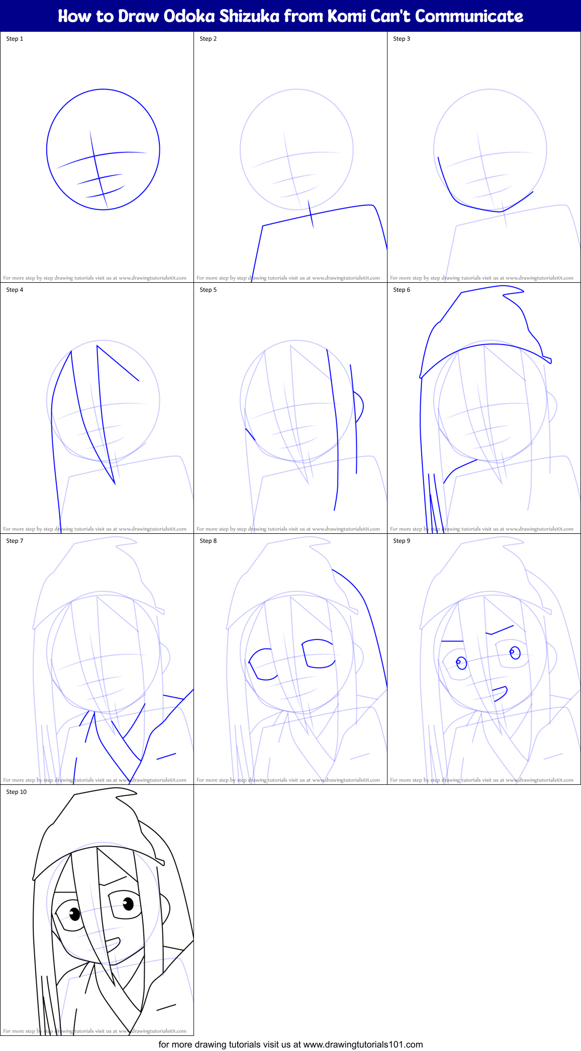 How to Draw Odoka Shizuka from Komi Can't Communicate Printable Step by Step