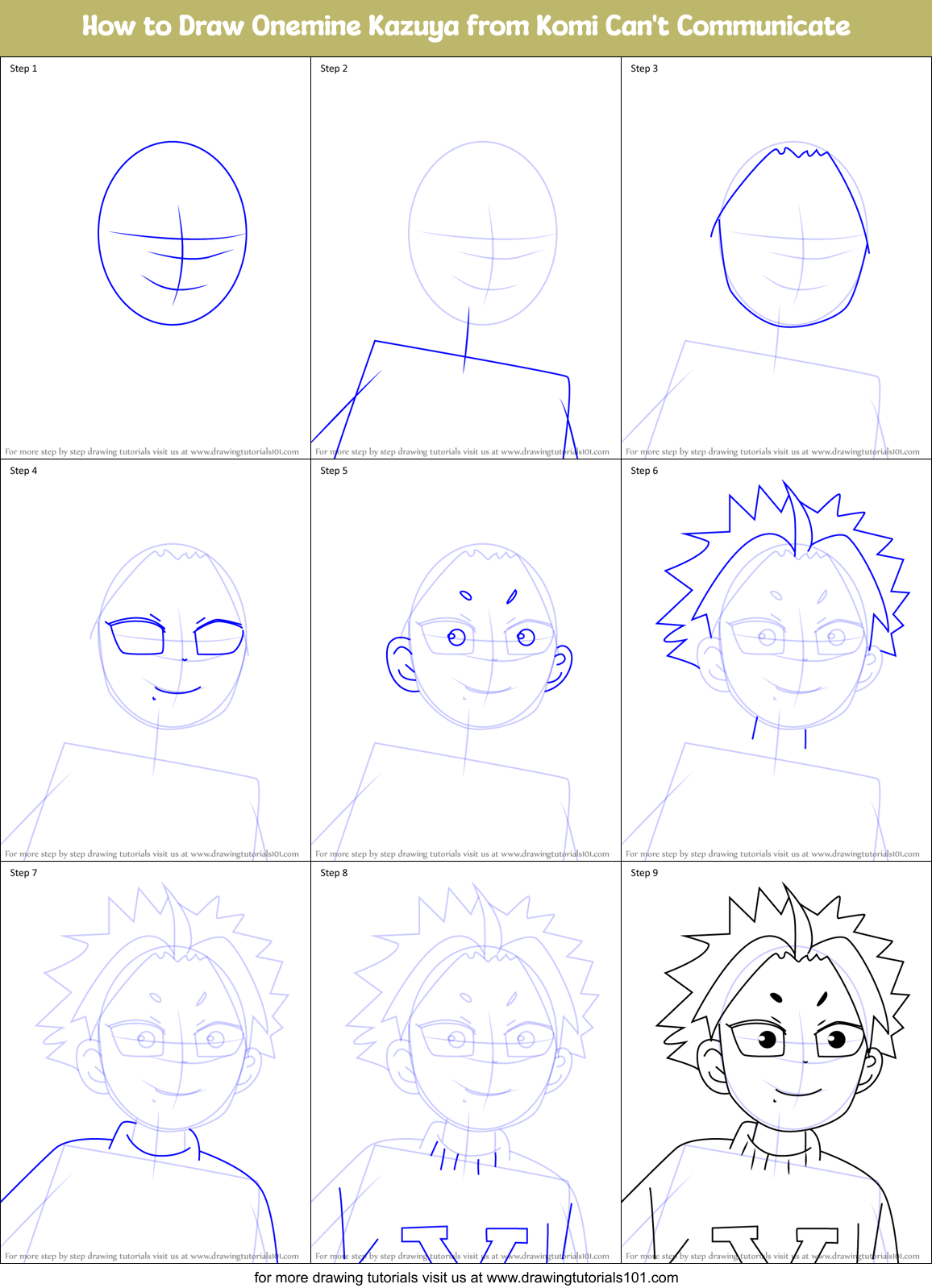 How to Draw Onemine Kazuya from Komi Can't Communicate Printable Step by Step