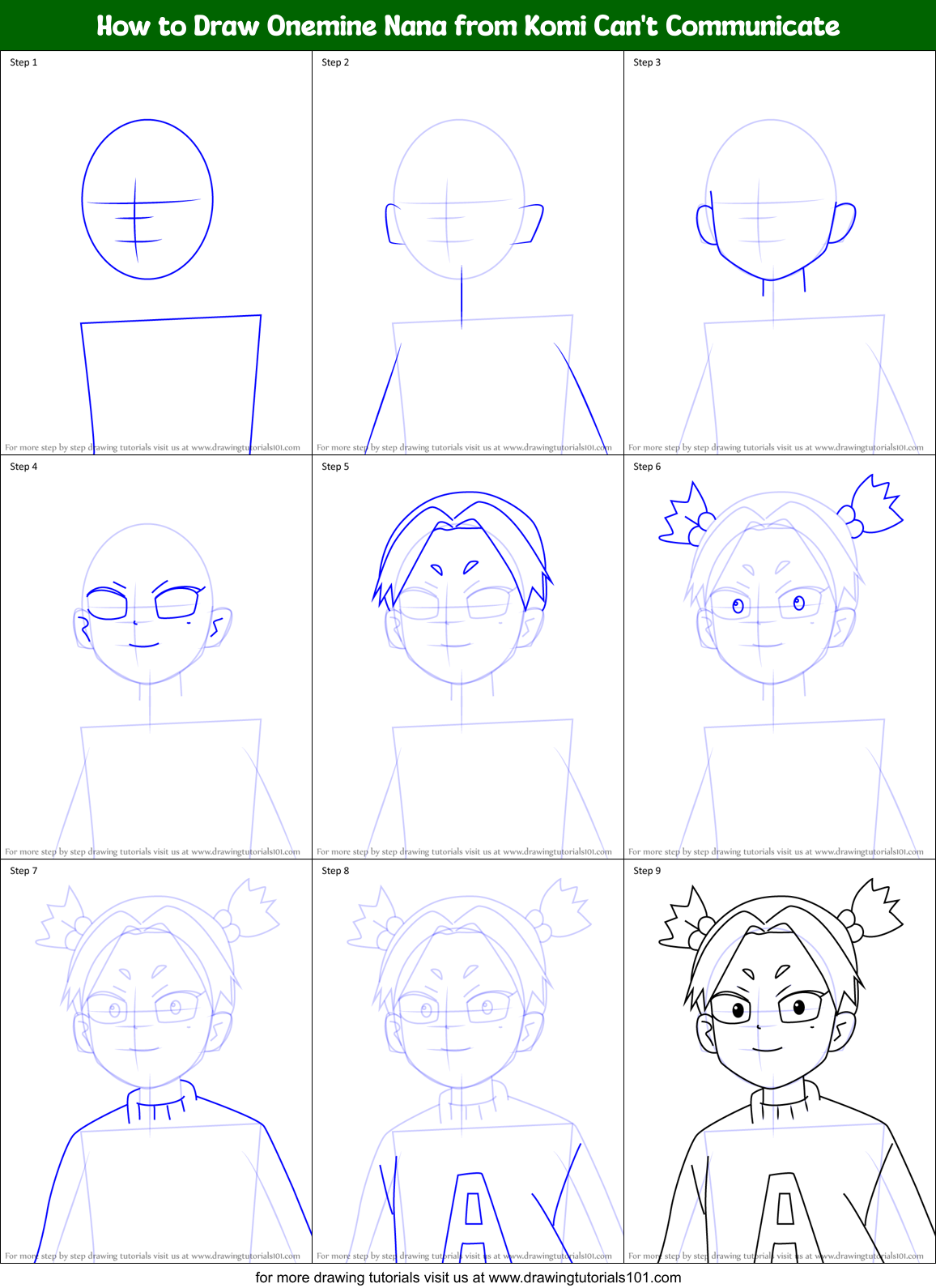 How to Draw Onemine Nana from Komi Can't Communicate Printable Step by Step