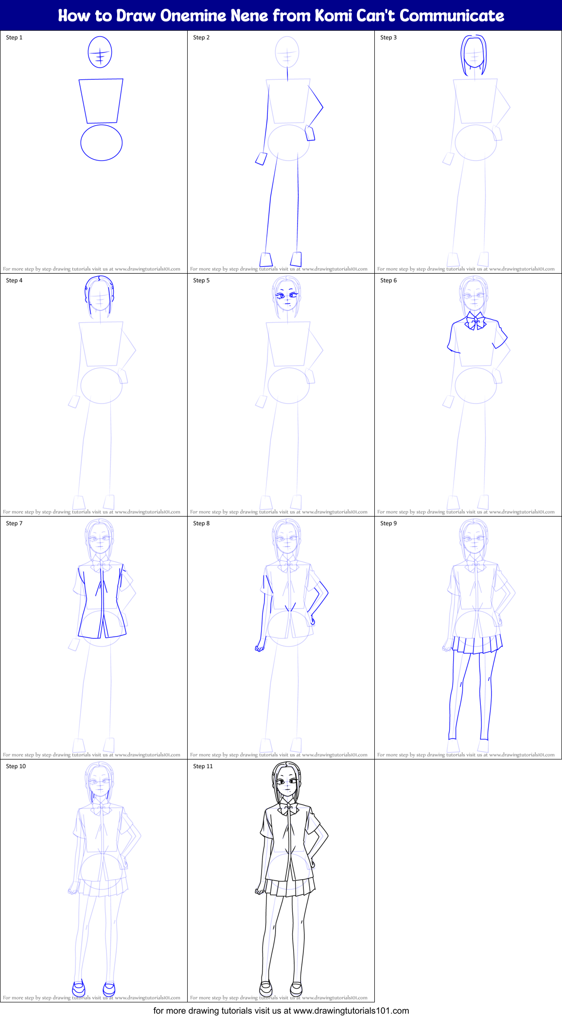 How to Draw Onemine Nene from Komi Can't Communicate Printable Step by Step