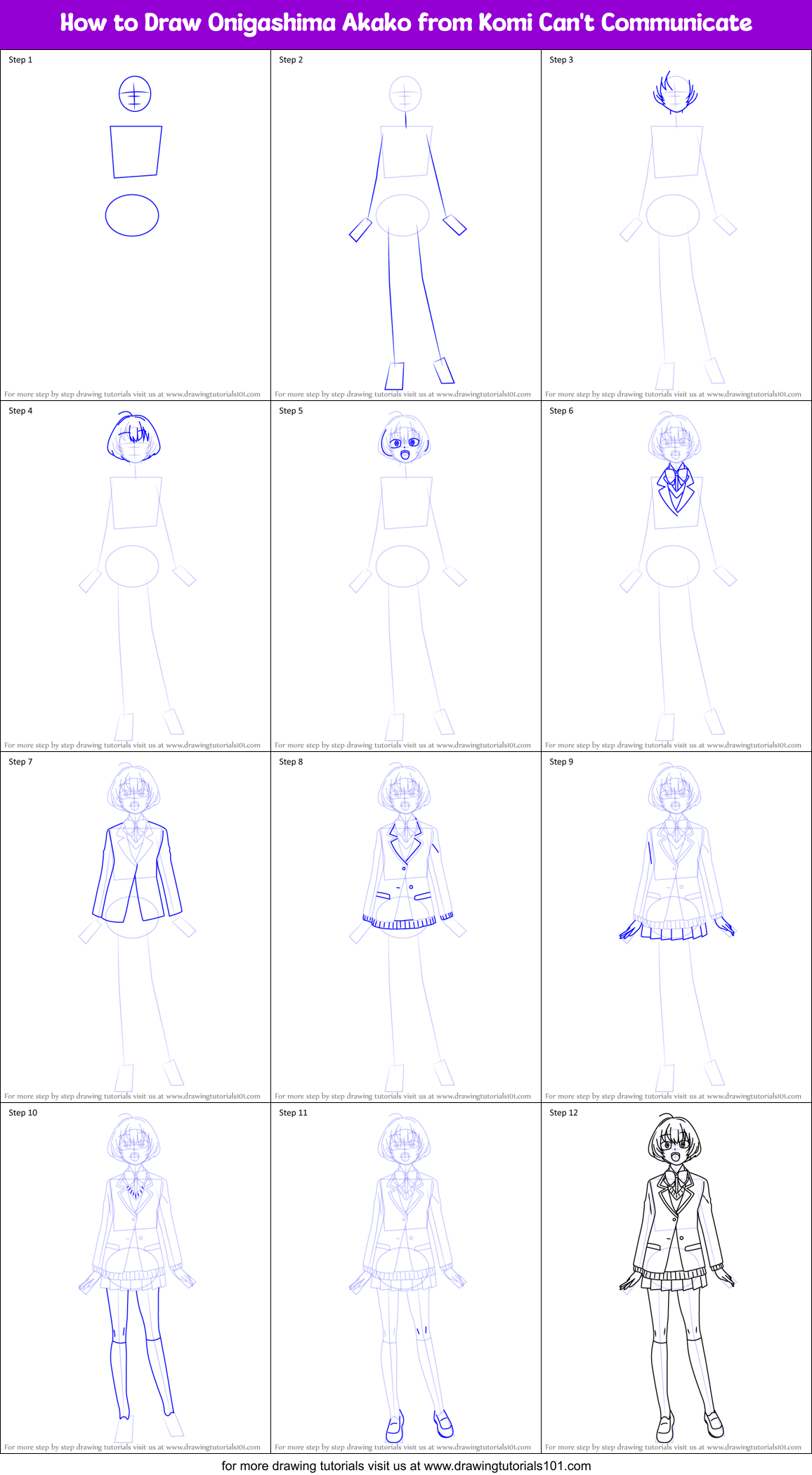 How to Draw Onigashima Akako from Komi Can't Communicate Printable Step by Step