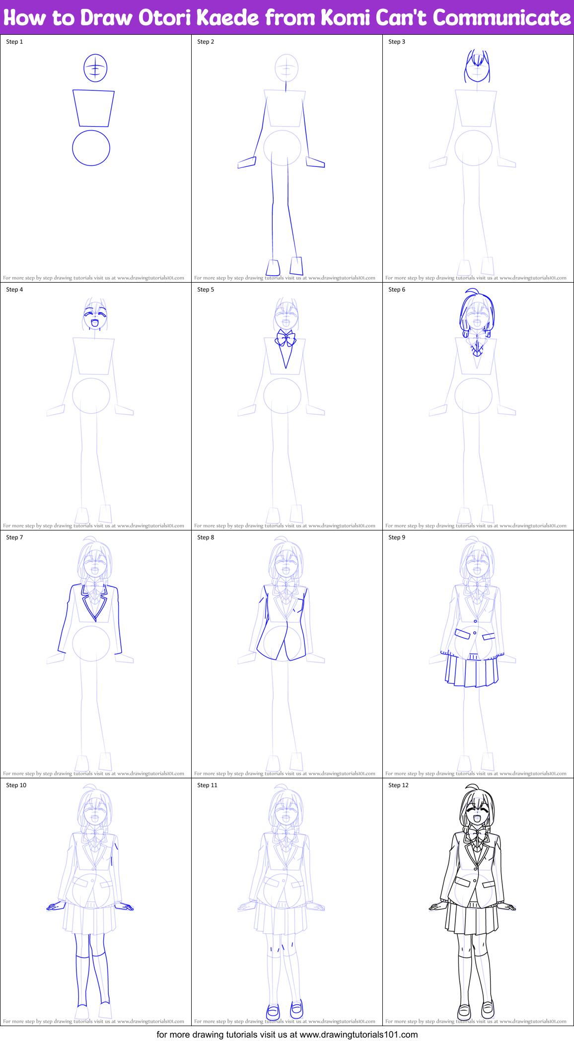 How to Draw Otori Kaede from Komi Can't Communicate Printable Step by Step