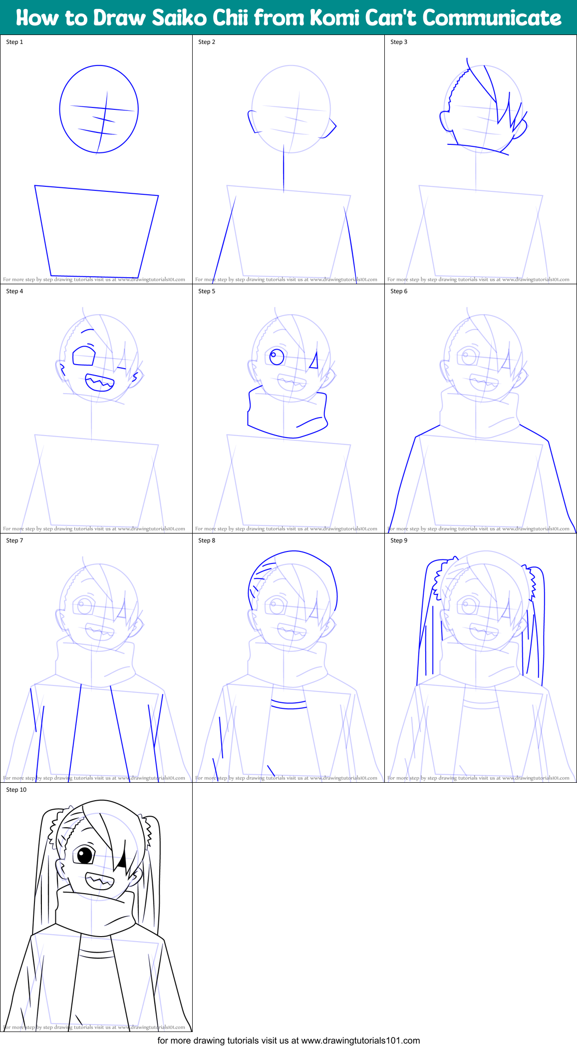 How to Draw Saiko Chii from Komi Can't Communicate Printable Step by Step