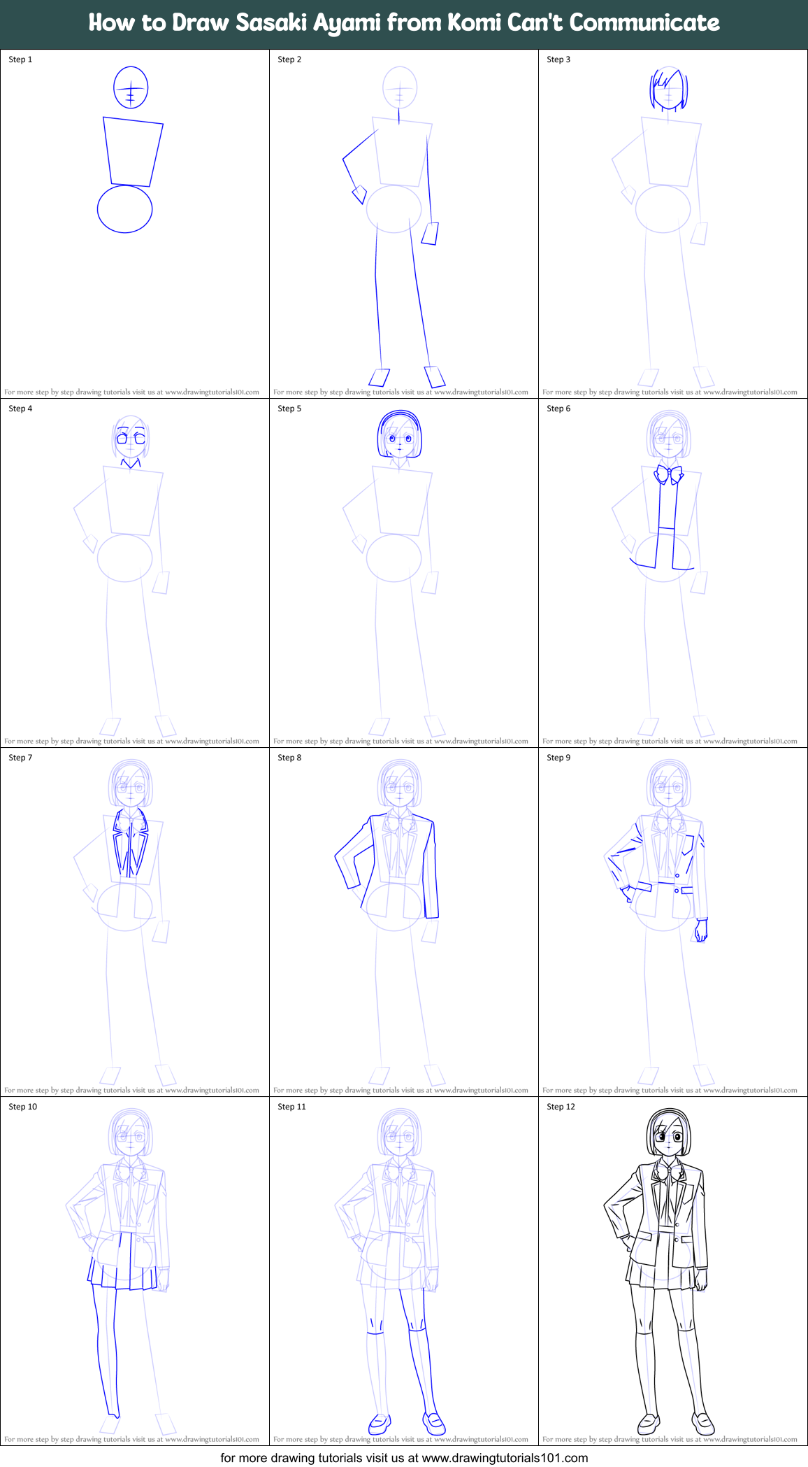 How to Draw Sasaki Ayami from Komi Can't Communicate Printable Step by Step