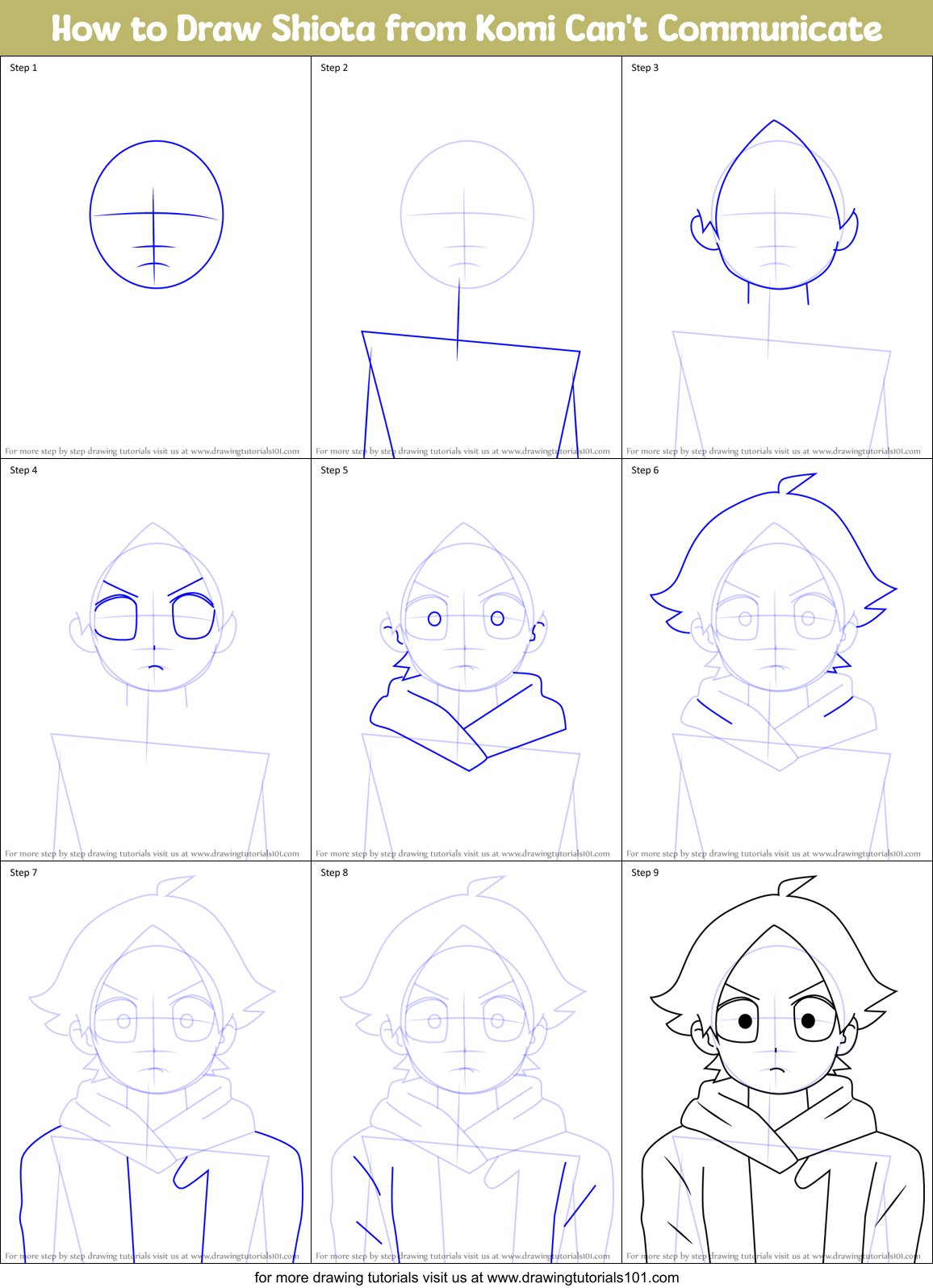 How to Draw Shiota from Komi Can't Communicate Printable Step by Step