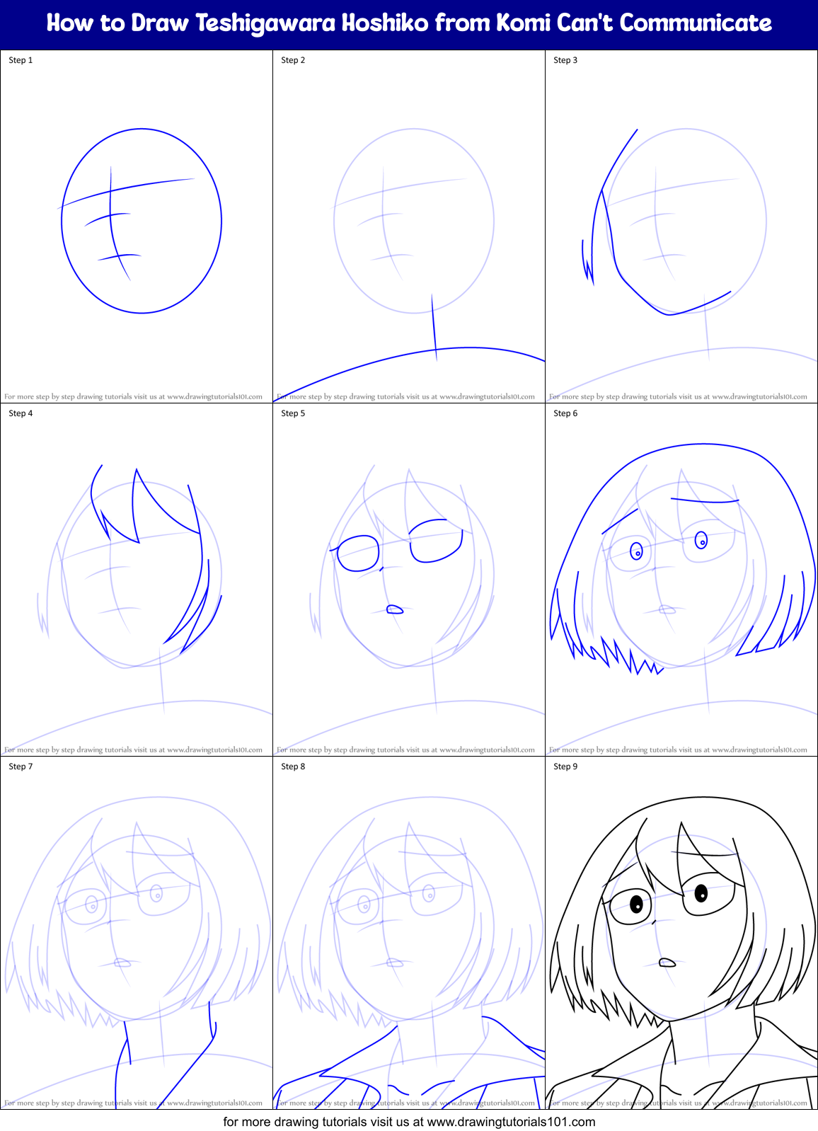 How to Draw Teshigawara Hoshiko from Komi Can't Communicate Printable Step by Step