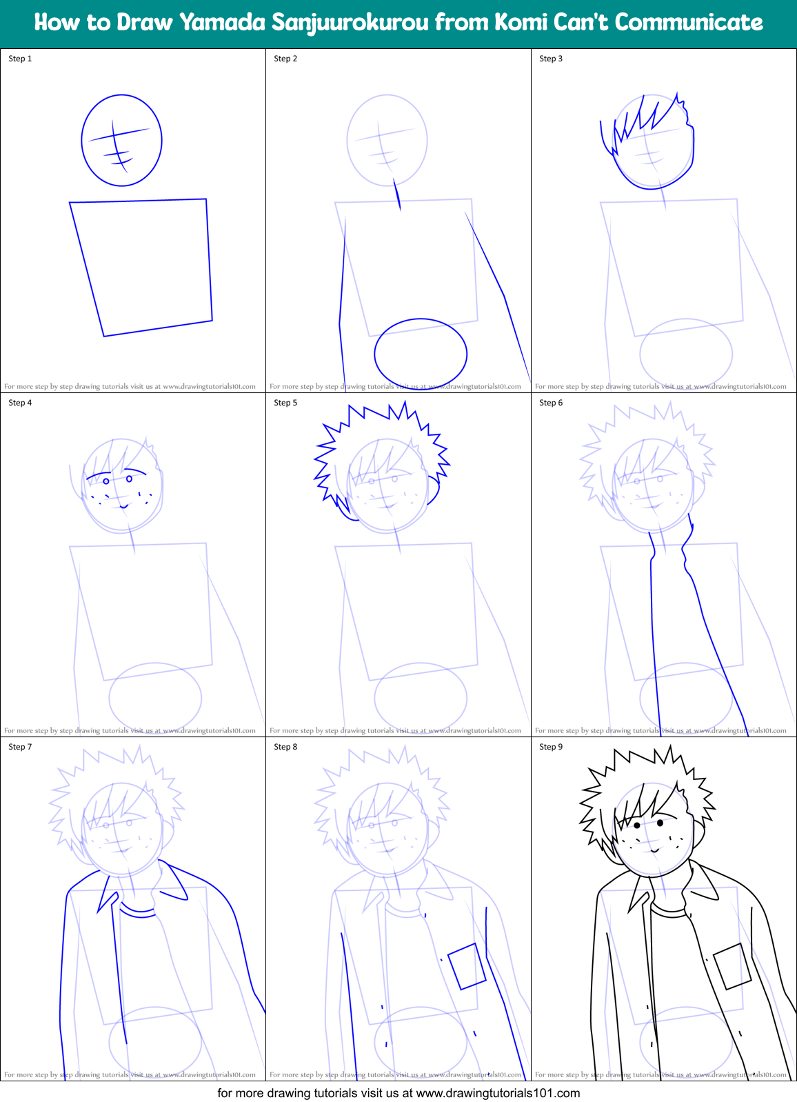 How to Draw Yamada Sanjuurokurou from Komi Can't Communicate Printable Step by Step