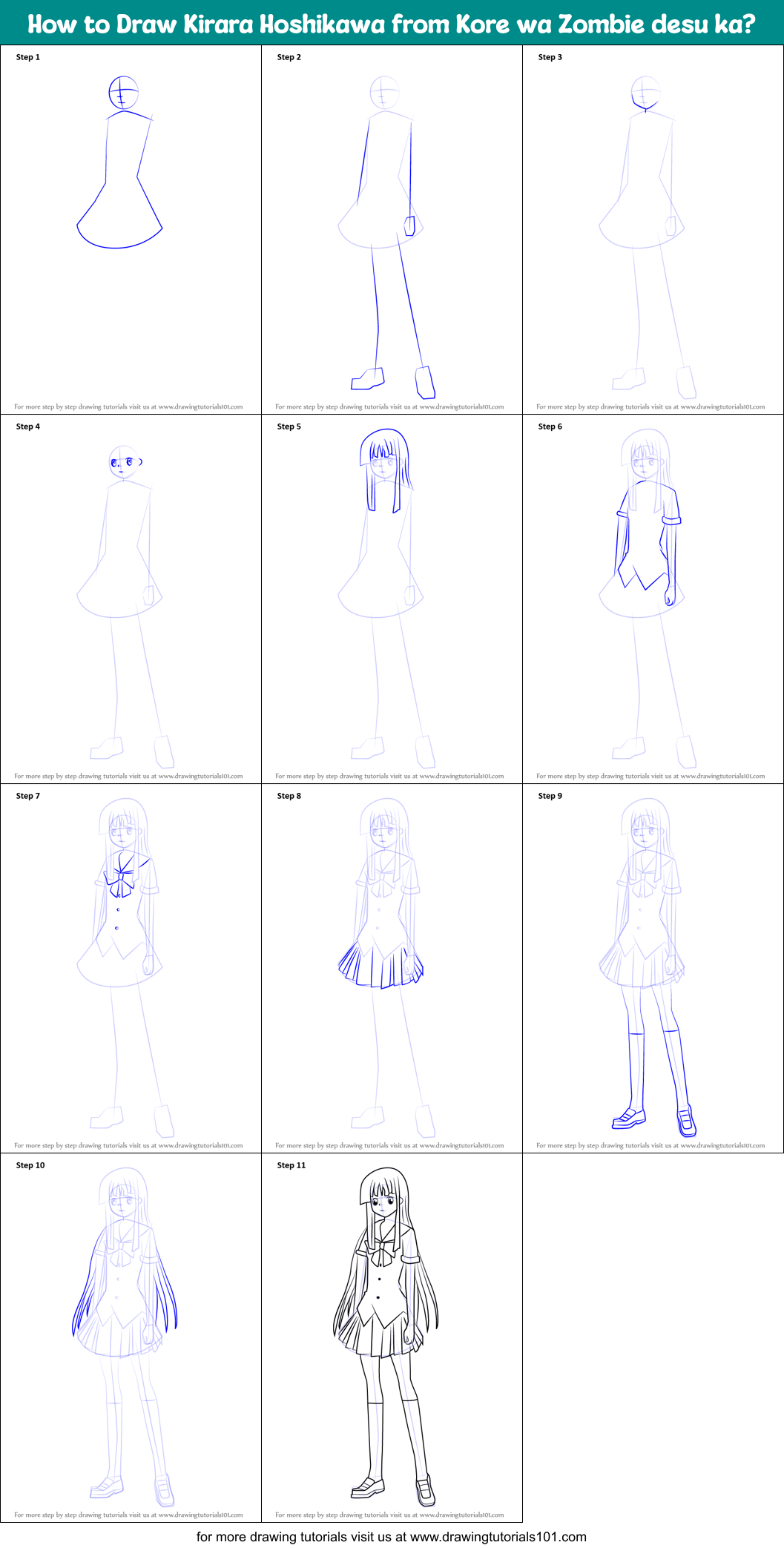 How to Draw Kirara Hoshikawa from Kore wa Zombie desu ka? Printable Step by Step