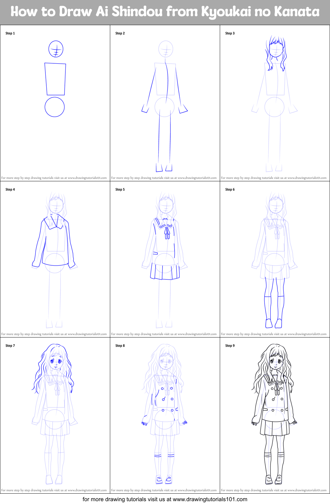 How to Draw Ai Shindou from Kyoukai no Kanata Printable Step by Step