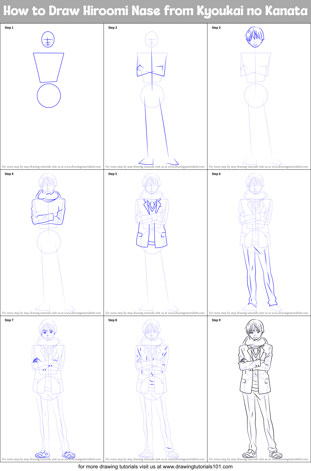 How to Draw Hiroomi Nase from Kyoukai no Kanata Printable Step by Step