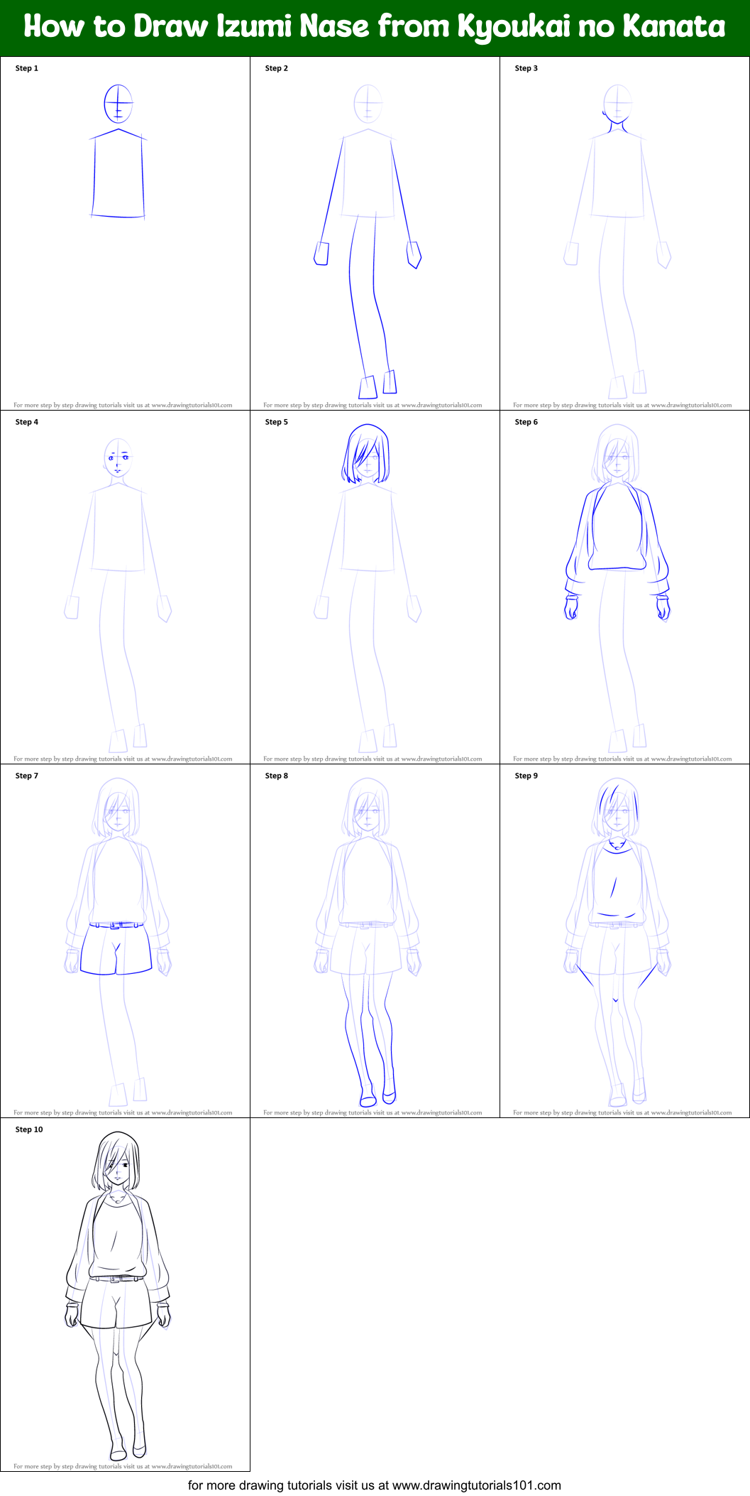 How to Draw Izumi Nase from Kyoukai no Kanata Printable Step by Step