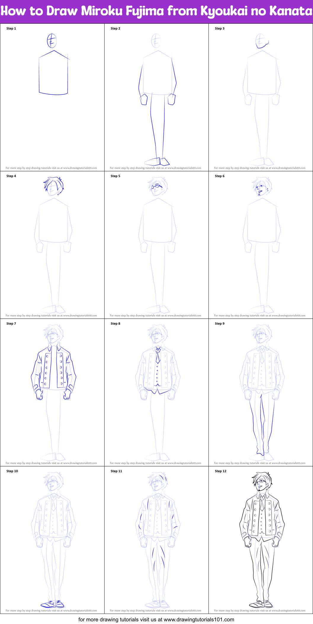 How to Draw Miroku Fujima from Kyoukai no Kanata Printable Step by Step
