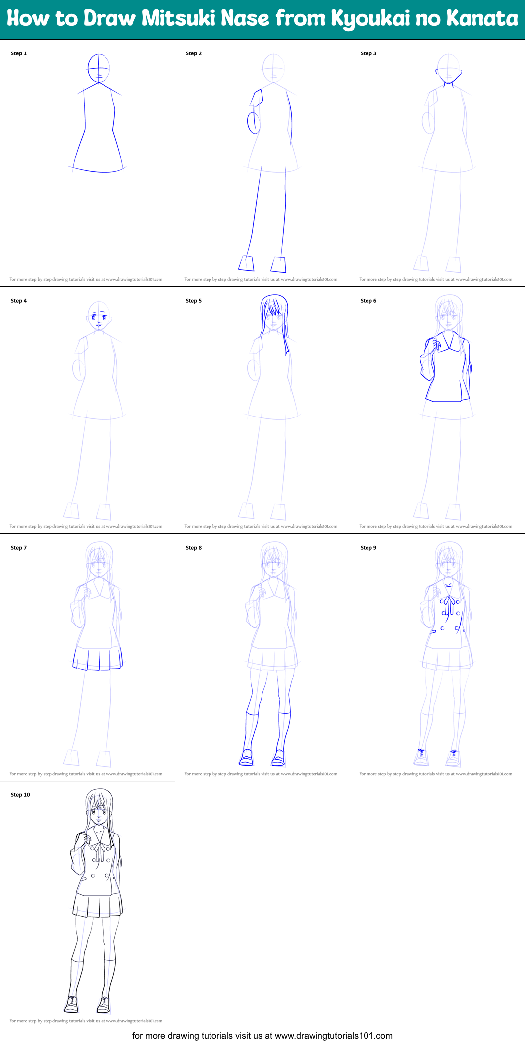 How to Draw Mitsuki Nase from Kyoukai no Kanata Printable Step by Step