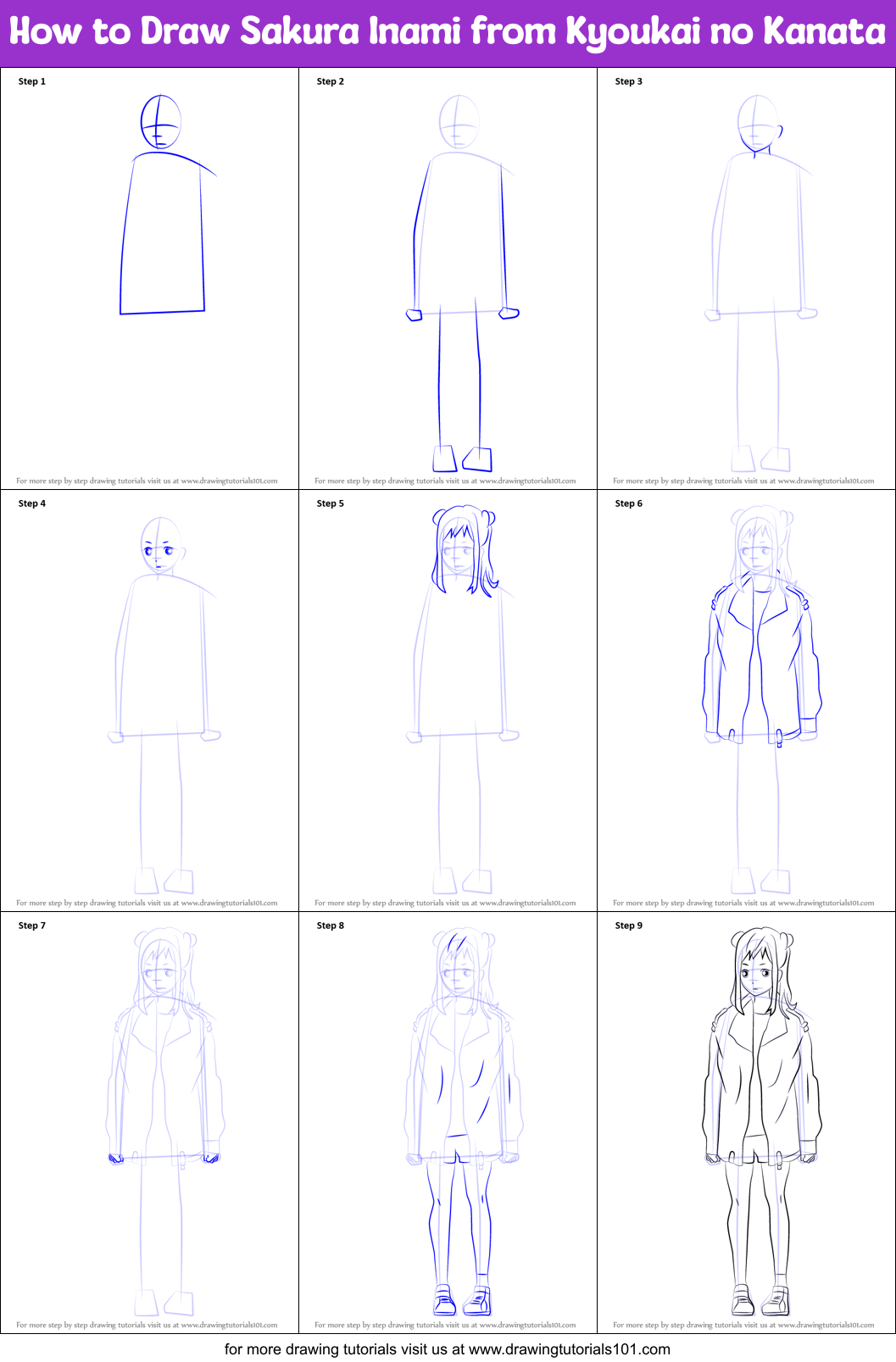 How to Draw Sakura Inami from Kyoukai no Kanata Printable Step by Step