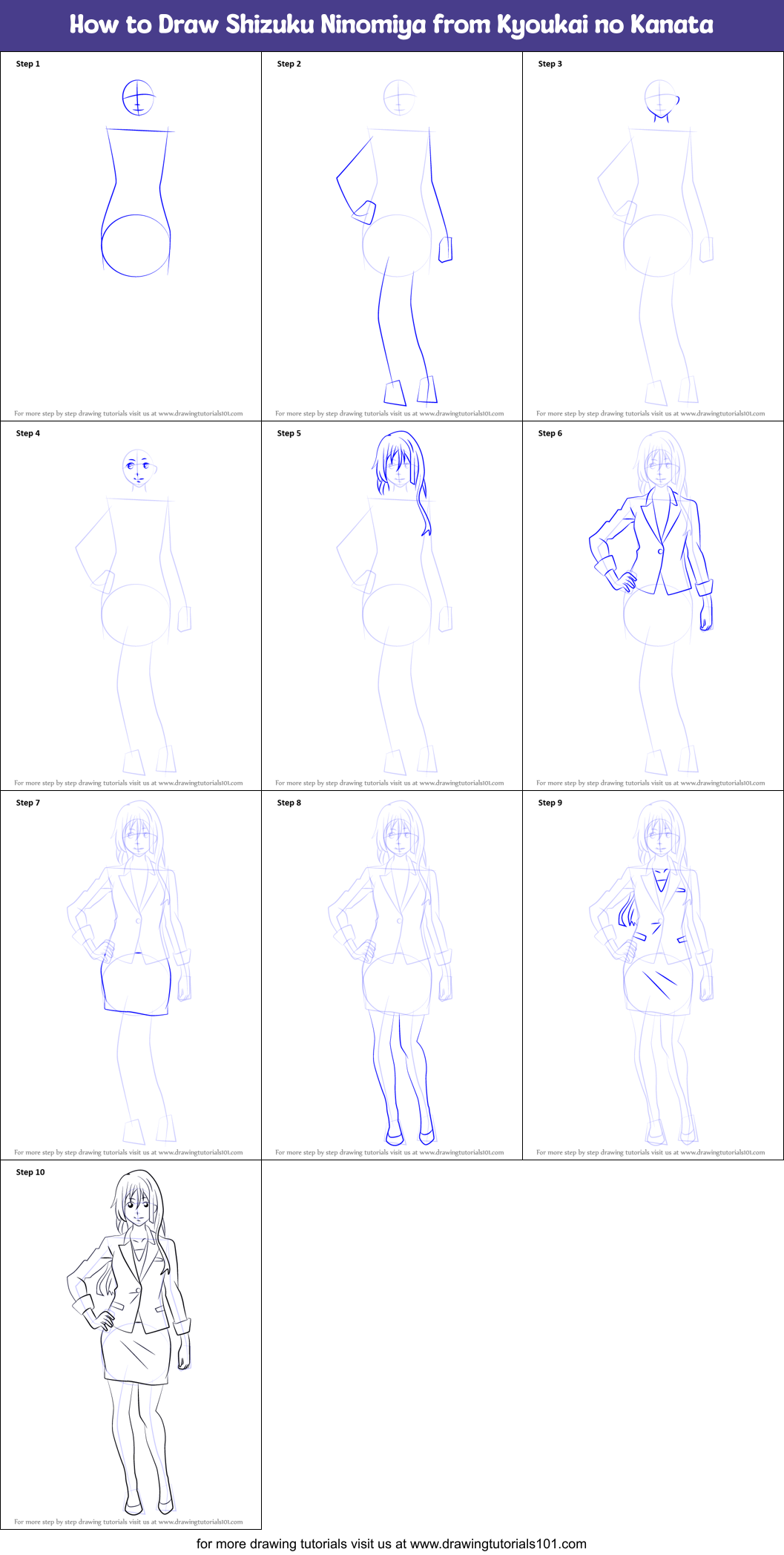 How to Draw Shizuku Ninomiya from Kyoukai no Kanata Printable Step by Step
