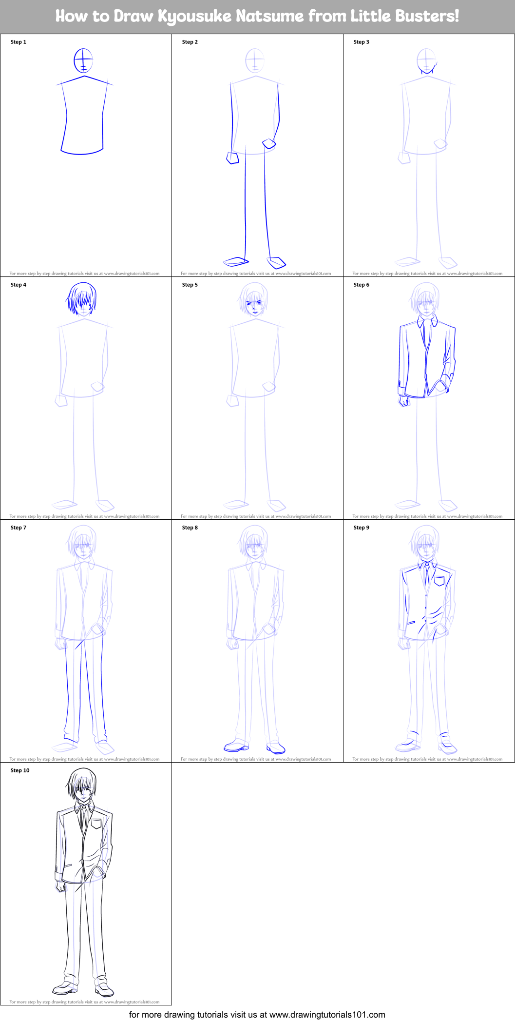 How to Draw Kyousuke Natsume from Little Busters! Printable Step by Step