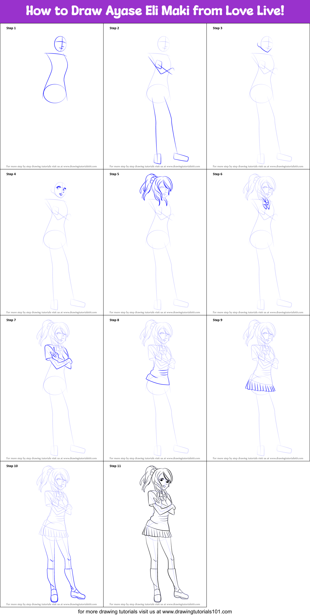 How to Draw Ayase Eli Maki from Love Live! Printable Step by Step