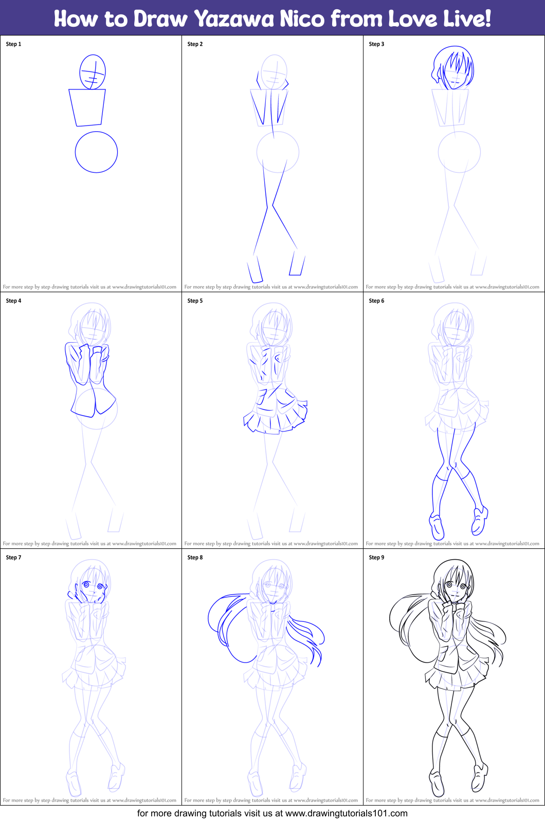 How to Draw Yazawa Nico from Love Live! Printable Step by Step