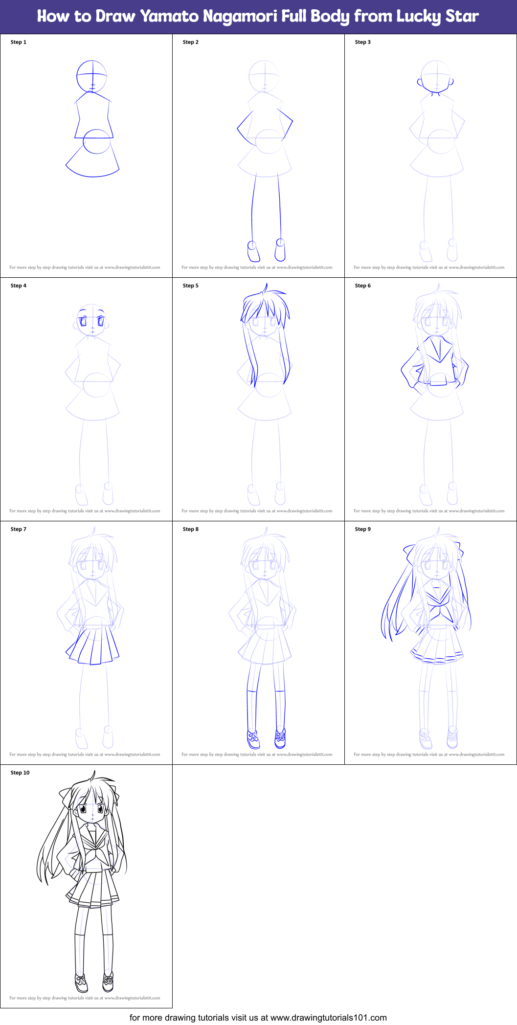 How to Draw Yamato Nagamori Full Body from Lucky Star Printable Step by Step
