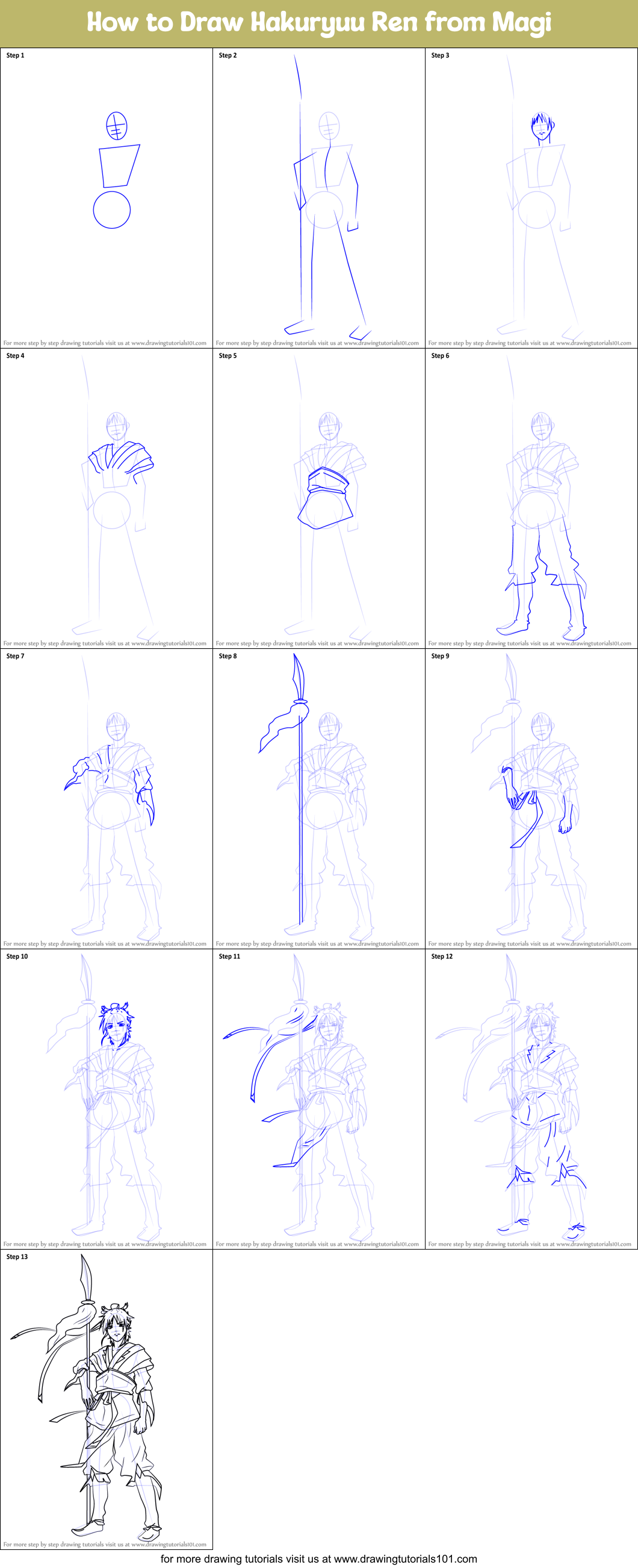 How to Draw Hakuryuu Ren from Magi Printable Step by Step