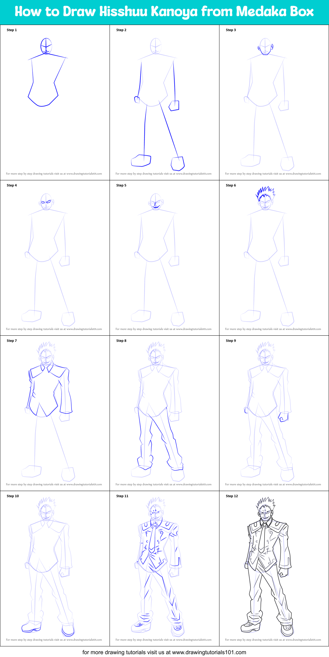How to Draw Hisshuu Kanoya from Medaka Box Printable Step by Step