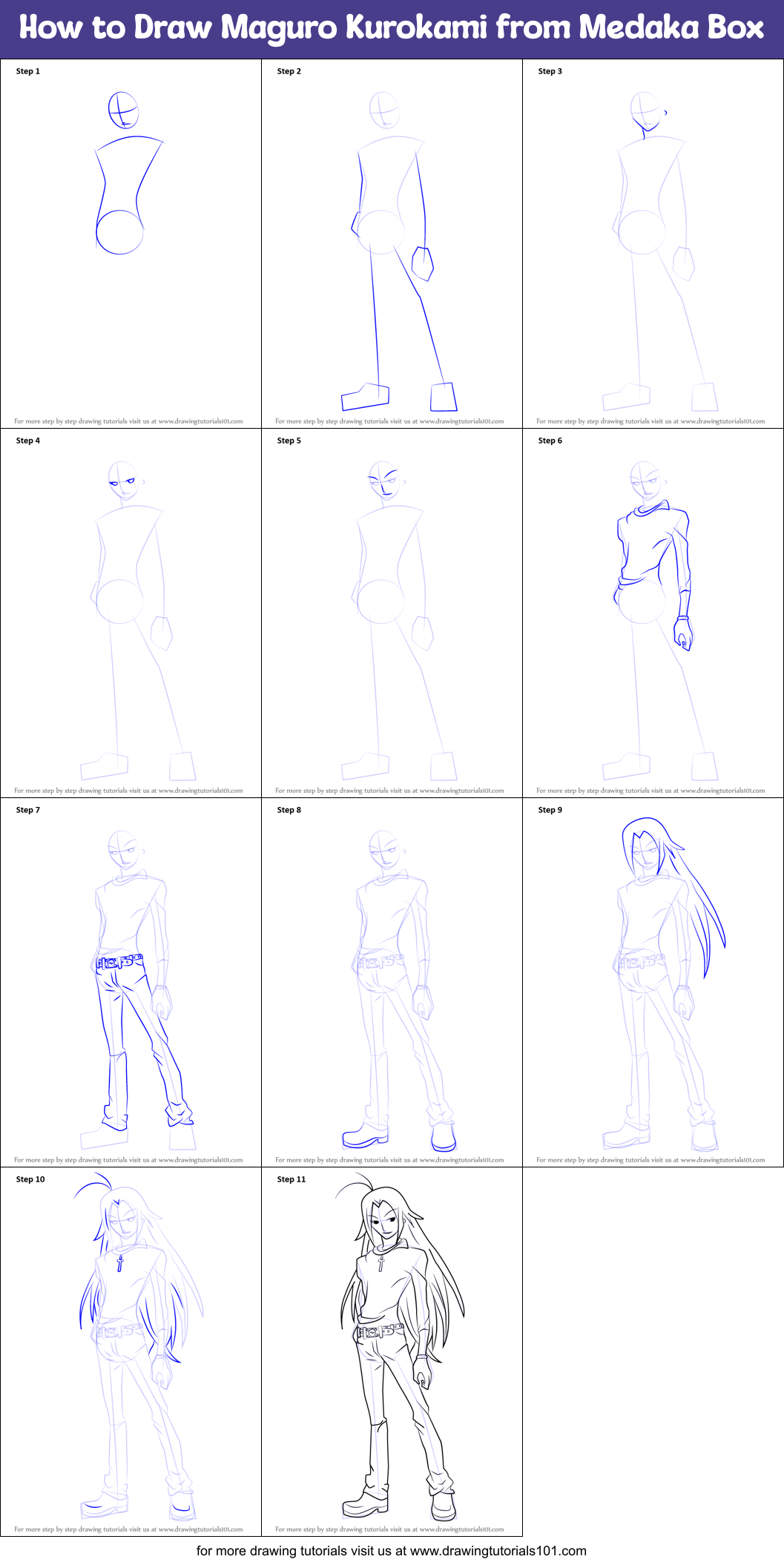 How to Draw Maguro Kurokami from Medaka Box Printable Step by Step