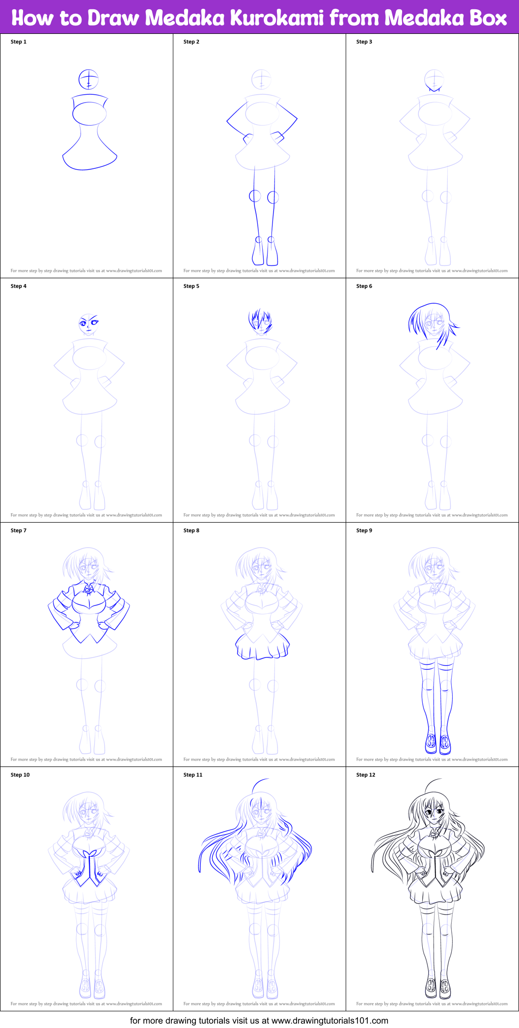 How to Draw Medaka Kurokami from Medaka Box Printable Step by Step