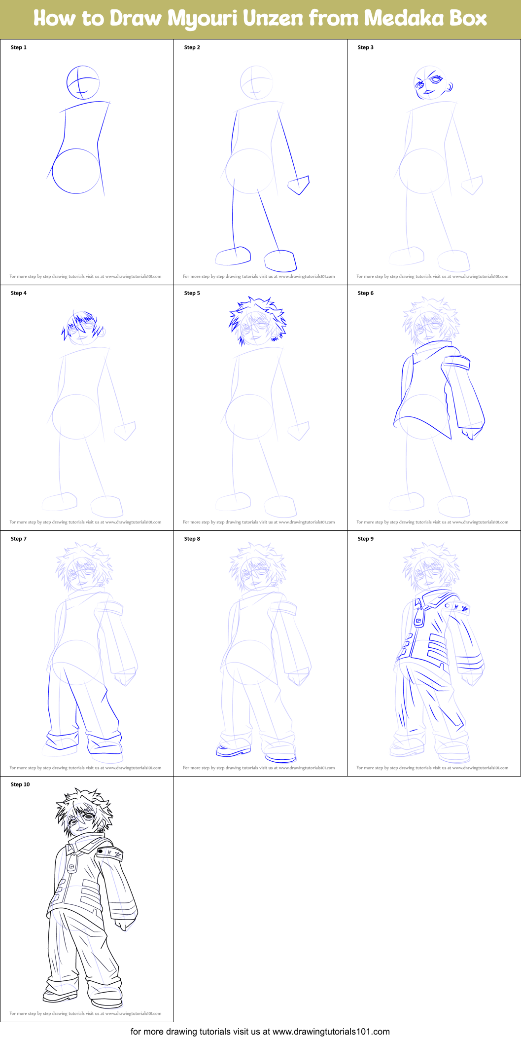 How to Draw Myouri Unzen from Medaka Box Printable Step by Step