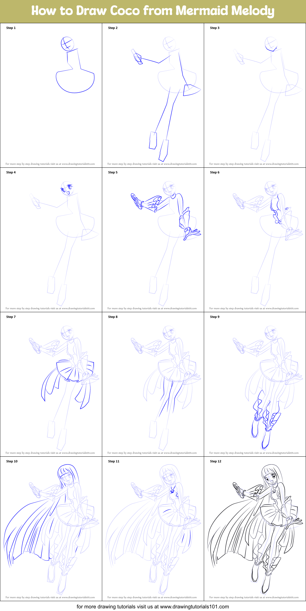 How to Draw Coco from Mermaid Melody Printable Step by Step