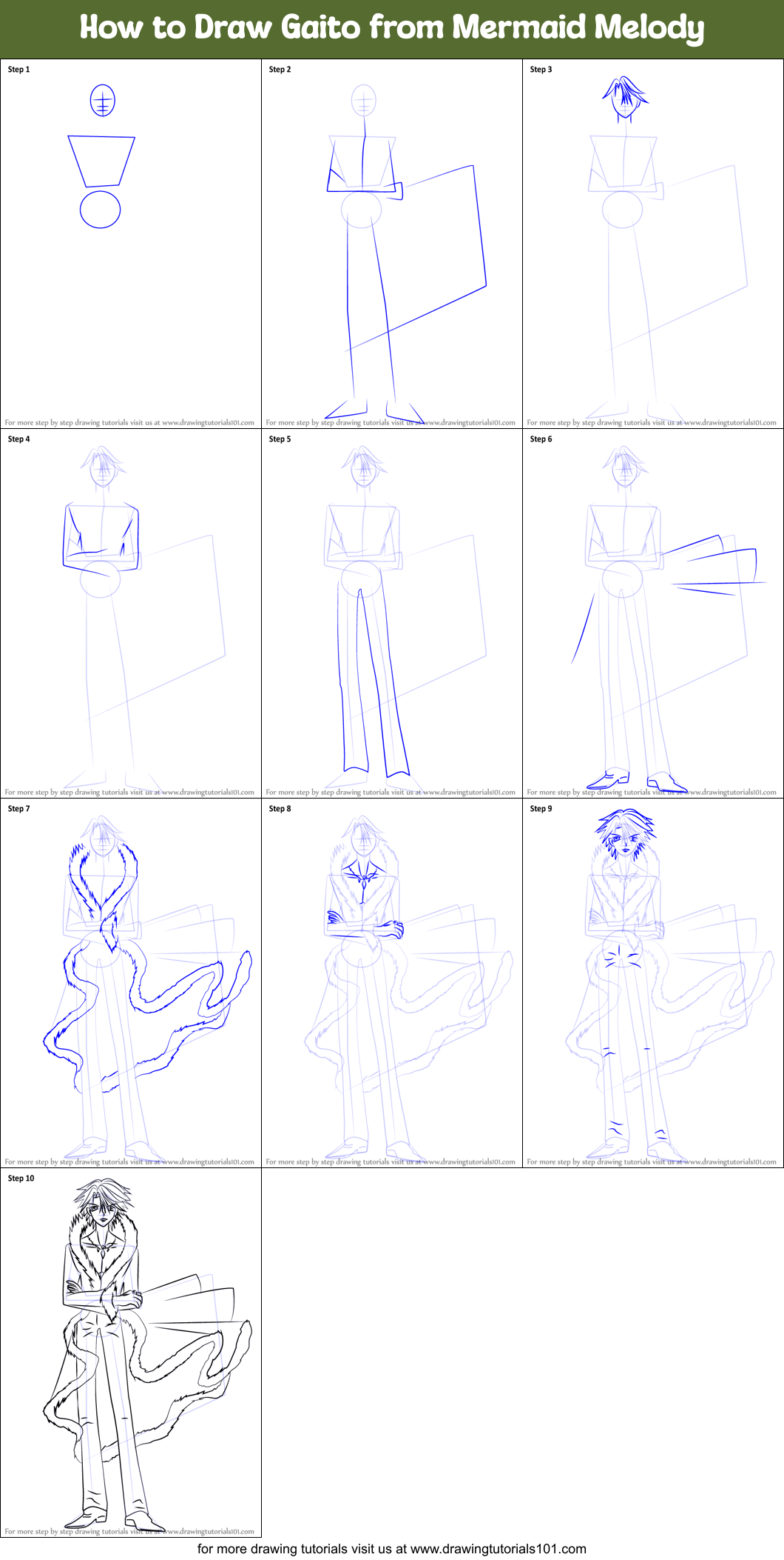 How to Draw Gaito from Mermaid Melody Printable Step by Step
