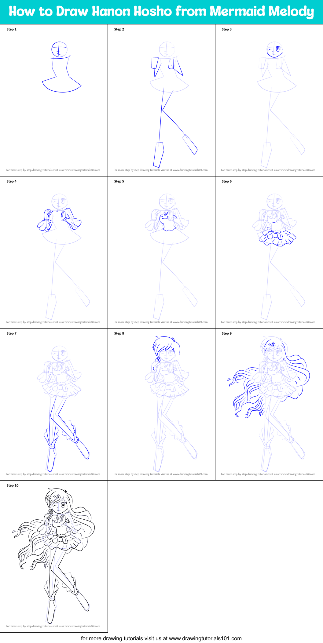 How to Draw Hanon Hosho from Mermaid Melody Printable Step by Step