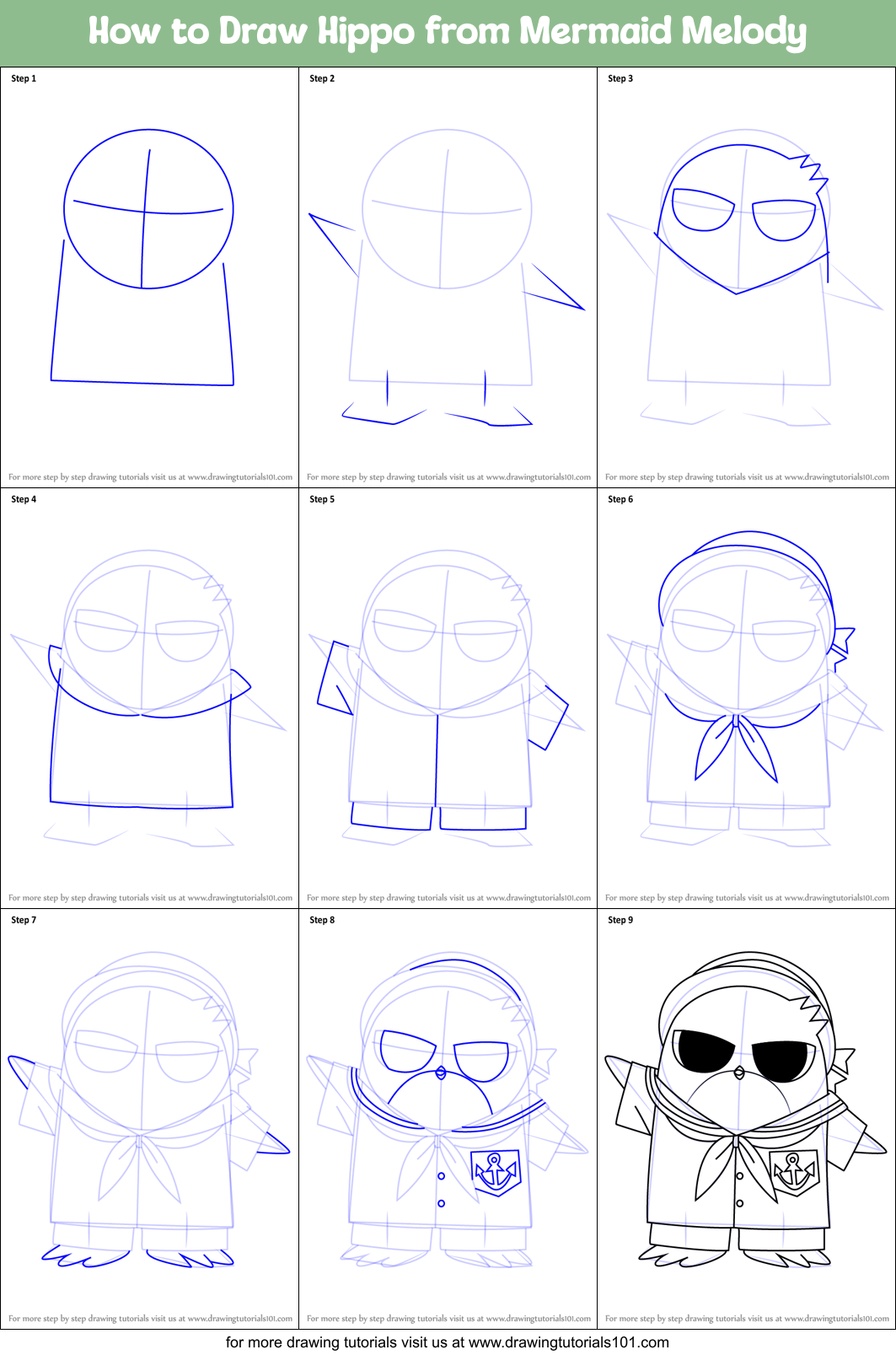 How to Draw Hippo from Mermaid Melody Printable Step by Step