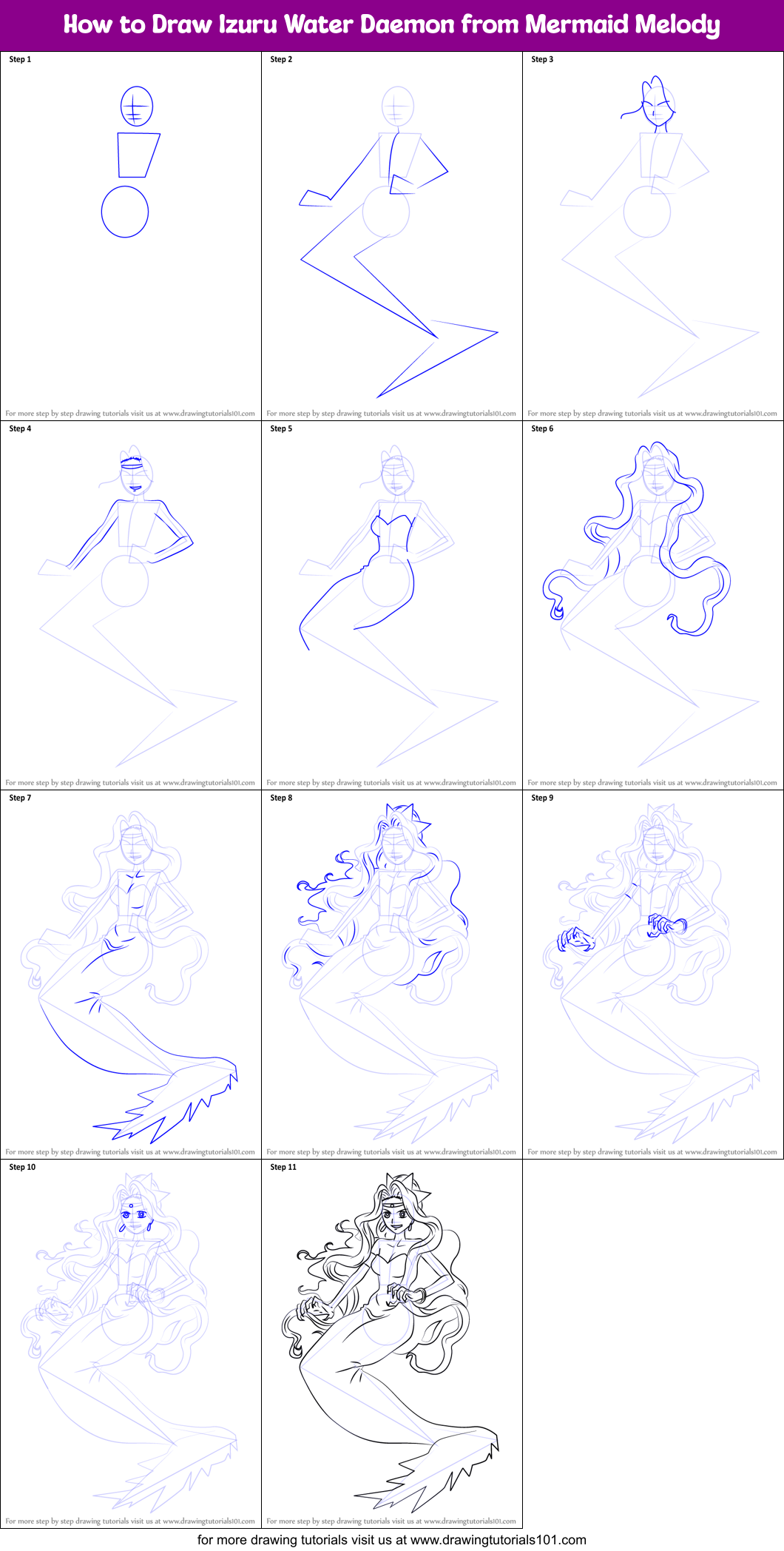 How to Draw Izuru Water Daemon from Mermaid Melody Printable Step by Step