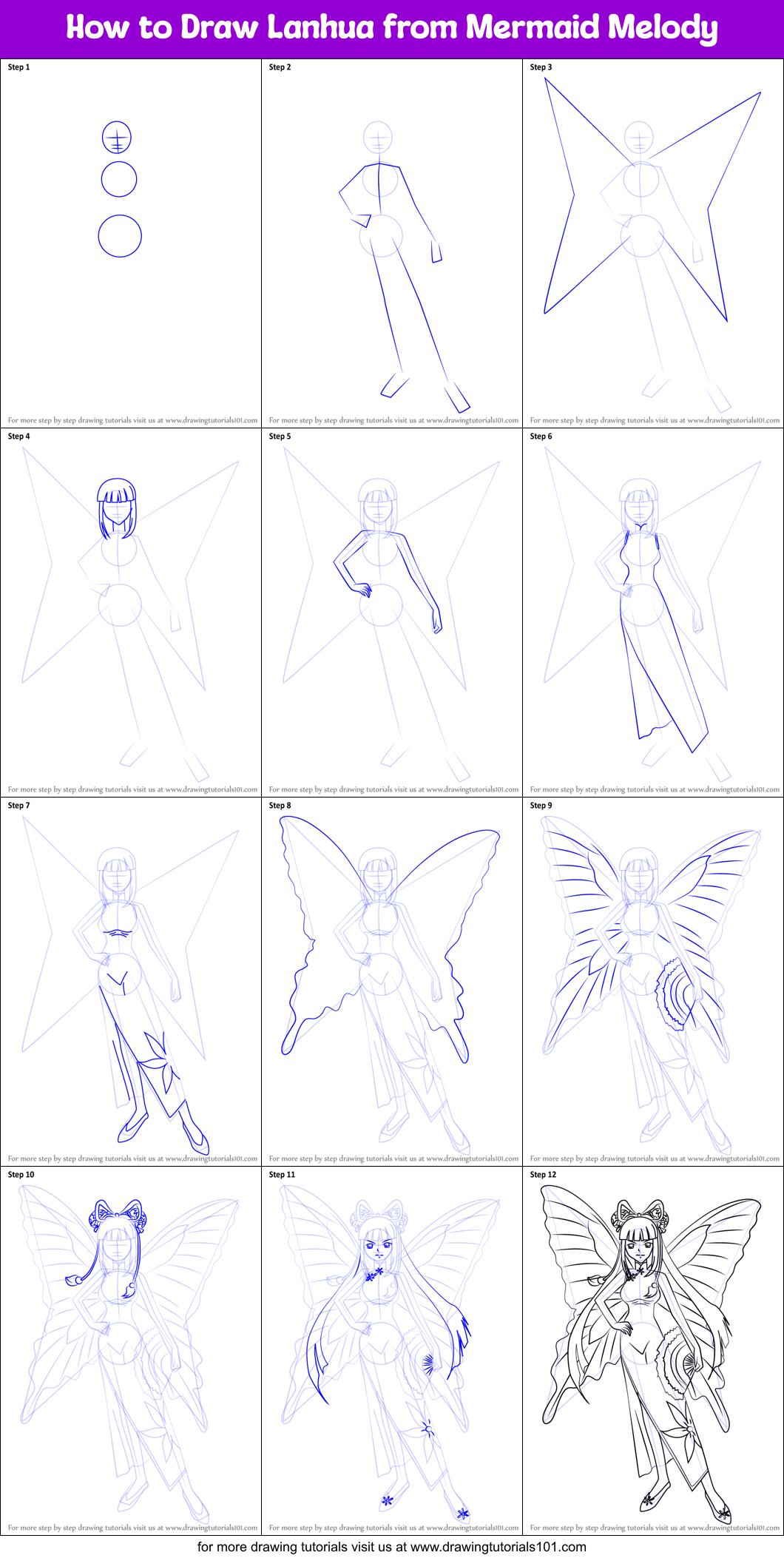 How to Draw Lanhua from Mermaid Melody Printable Step by Step