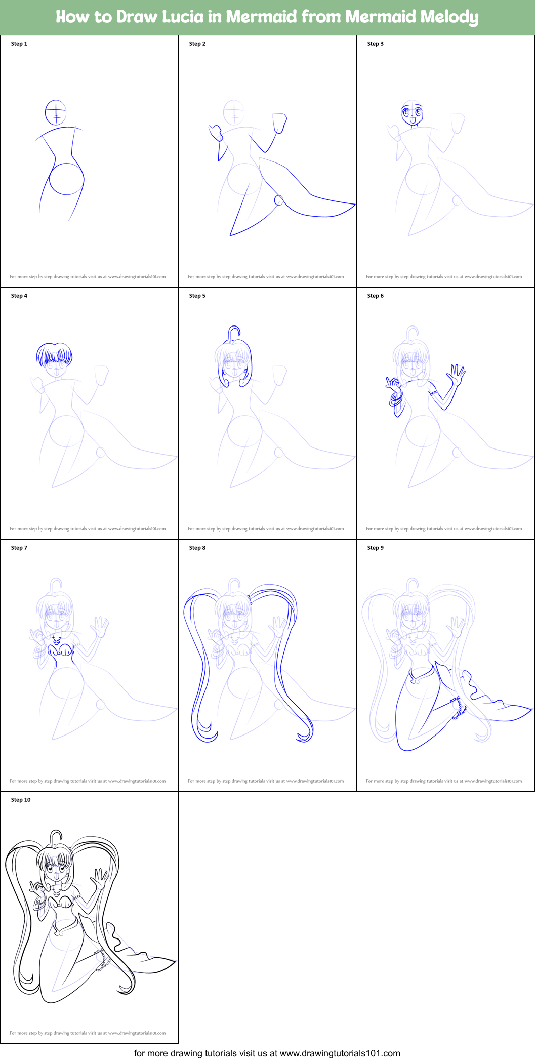 How to Draw Lucia in Mermaid from Mermaid Melody Printable Step by Step