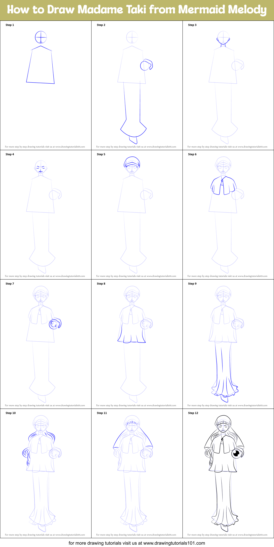 How to Draw Madame Taki from Mermaid Melody Printable Step by Step