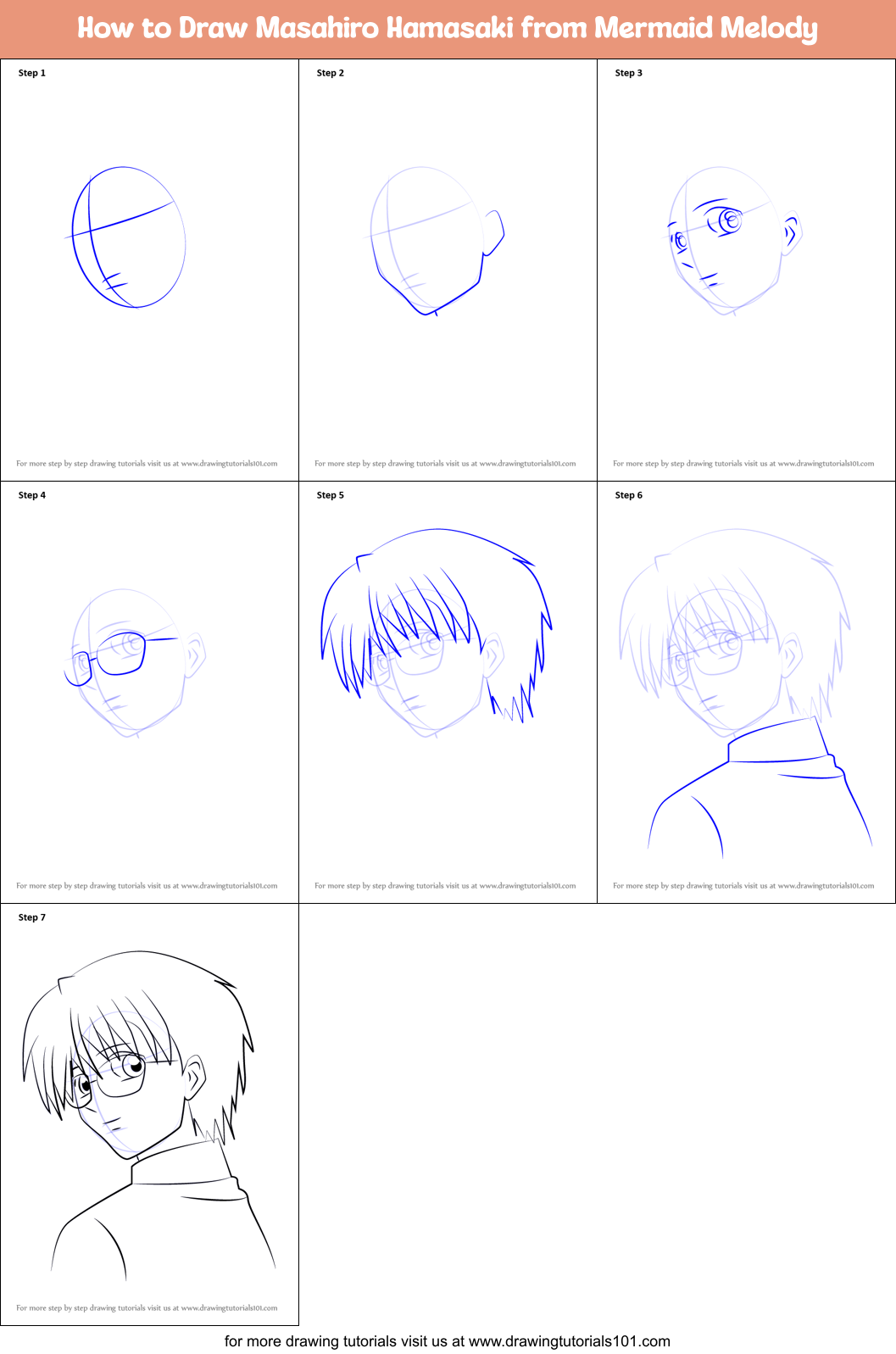 How to Draw Masahiro Hamasaki from Mermaid Melody Printable Step by Step