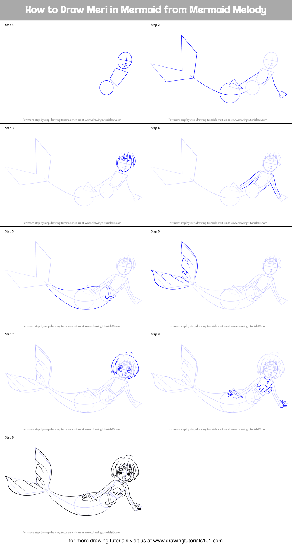 How to Draw Meri in Mermaid from Mermaid Melody Printable Step by Step