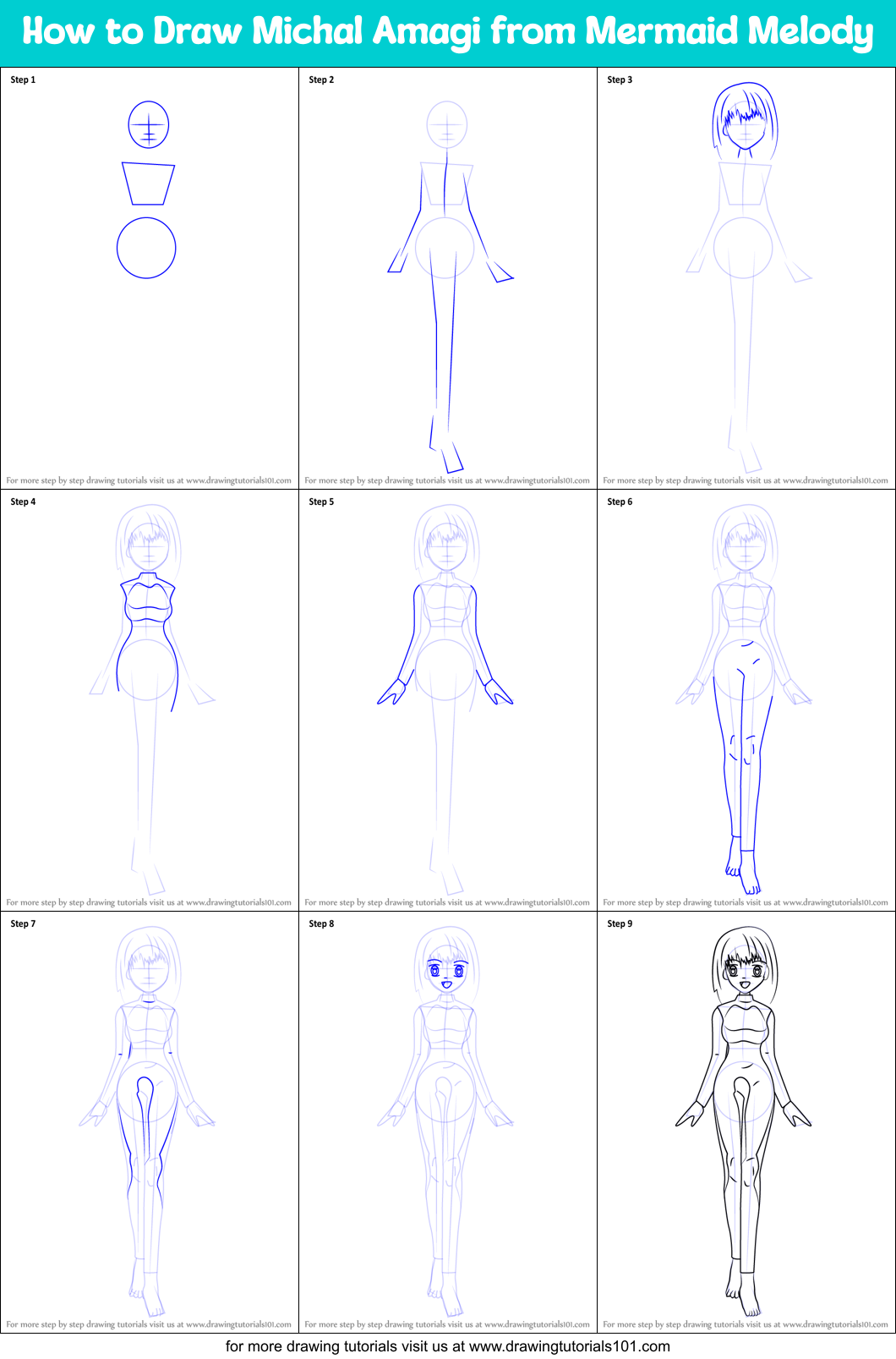 How to Draw Michal Amagi from Mermaid Melody Printable Step by Step