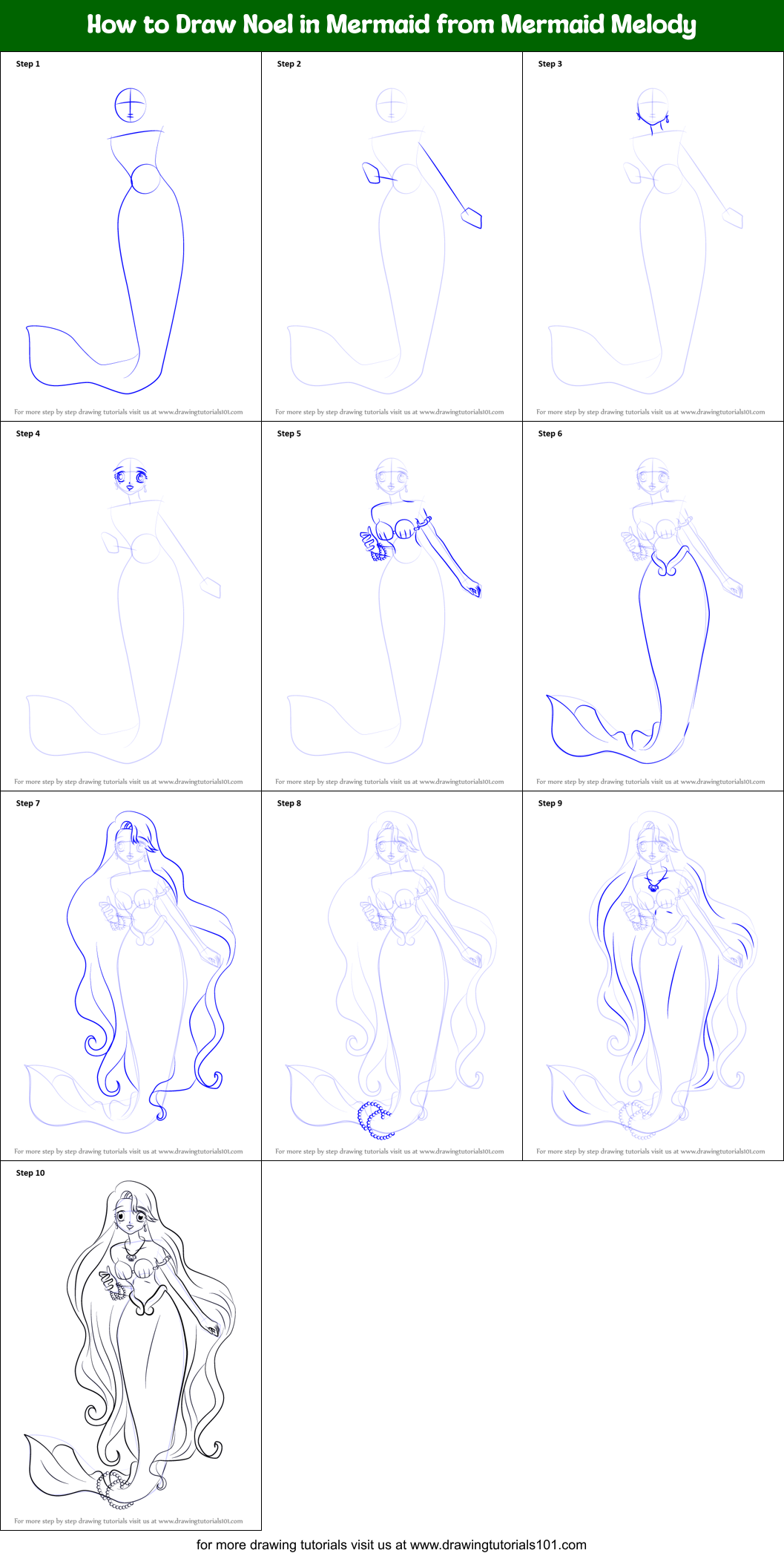 How to Draw Noel in Mermaid from Mermaid Melody Printable Step by Step