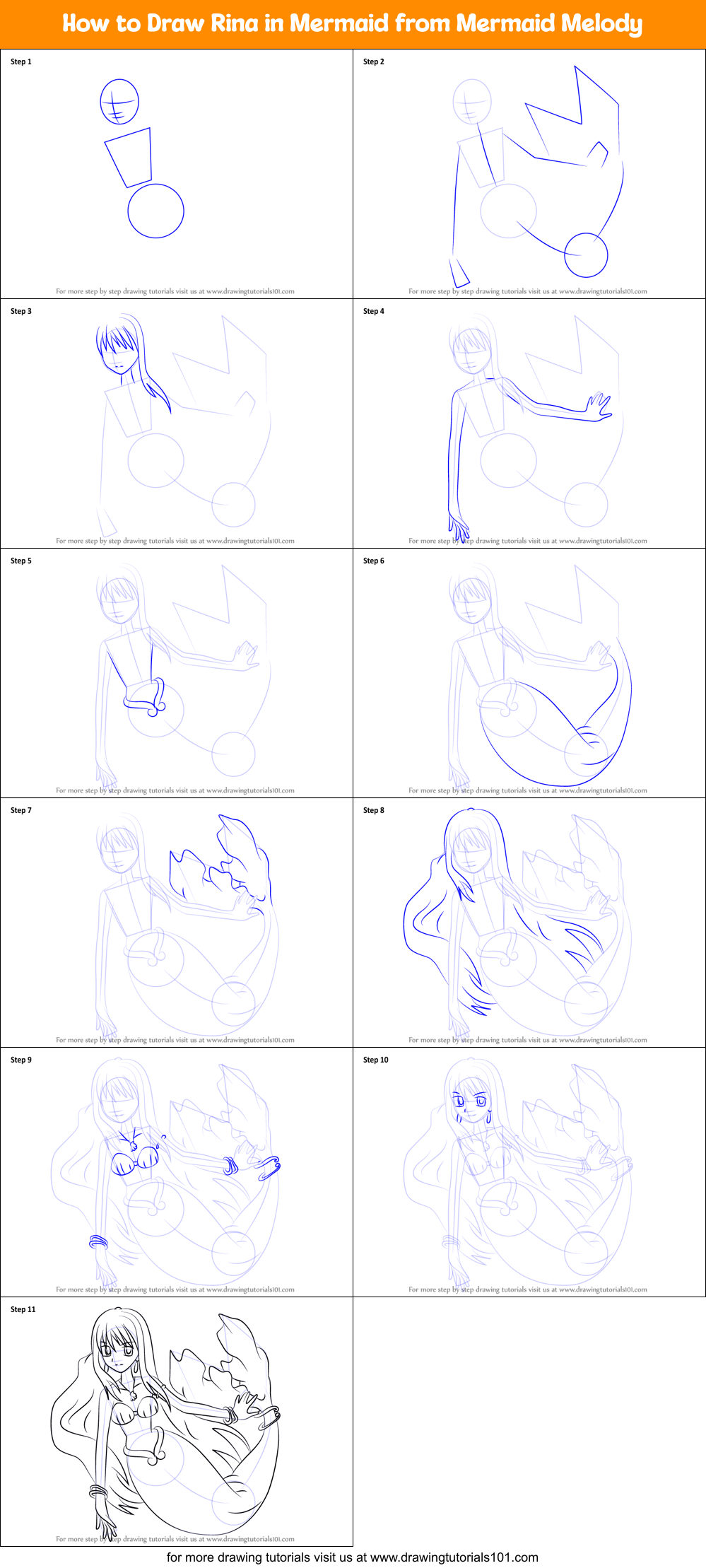 How to Draw Rina in Mermaid from Mermaid Melody Printable Step by Step