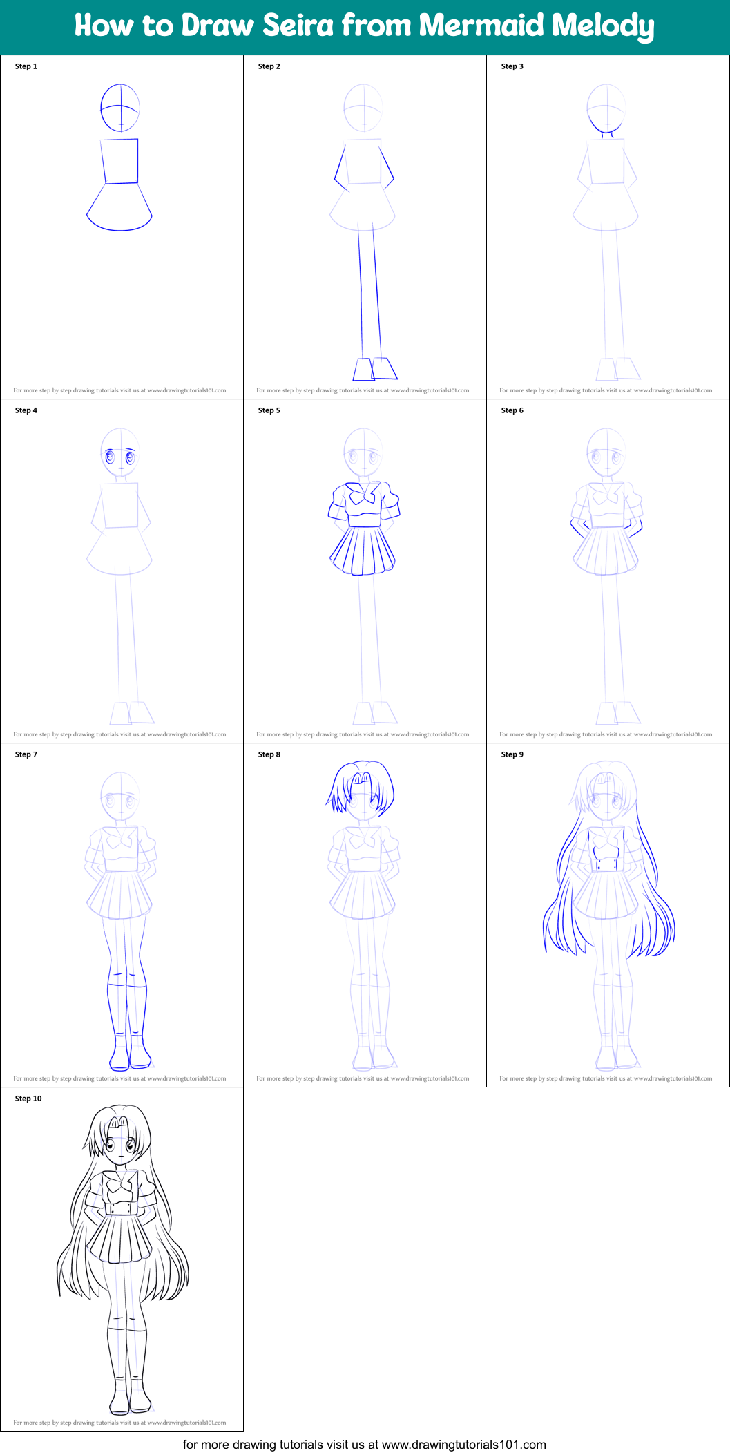 How to Draw Seira from Mermaid Melody Printable Step by Step