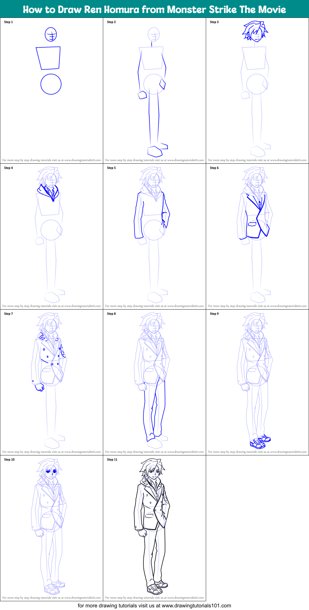 How to Draw Ren Homura from Monster Strike The Movie Printable Step by Step