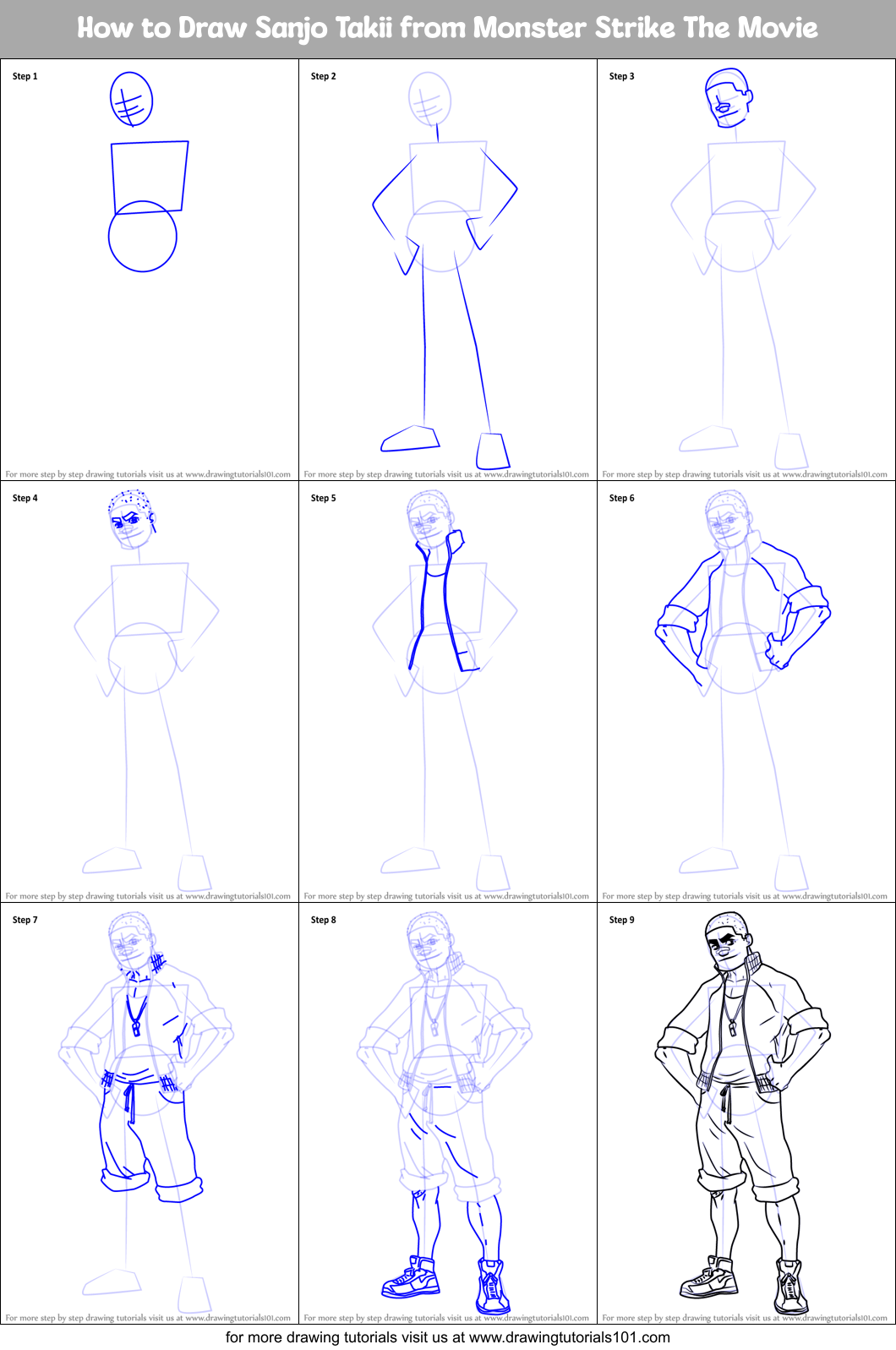 How to Draw Sanjo Takii from Monster Strike The Movie Printable Step by Step