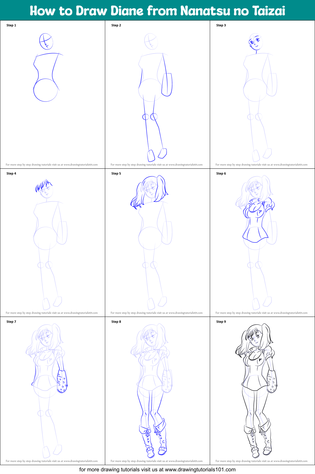 How to Draw Diane from Nanatsu no Taizai Printable Step by Step