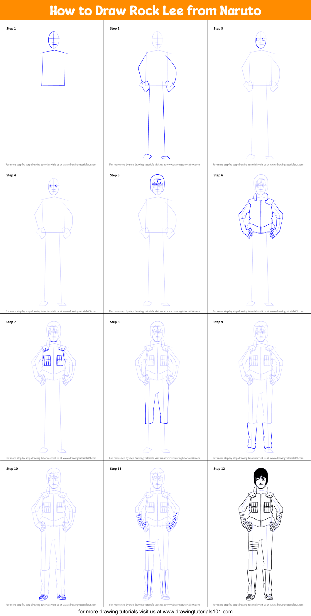 How to Draw Rock Lee from Naruto Printable Step by Step