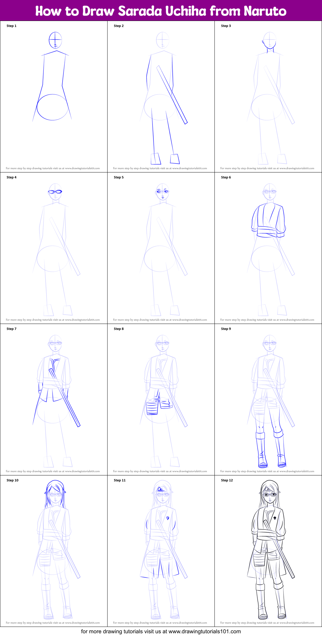 How to Draw Sarada Uchiha from Naruto Printable Step by Step