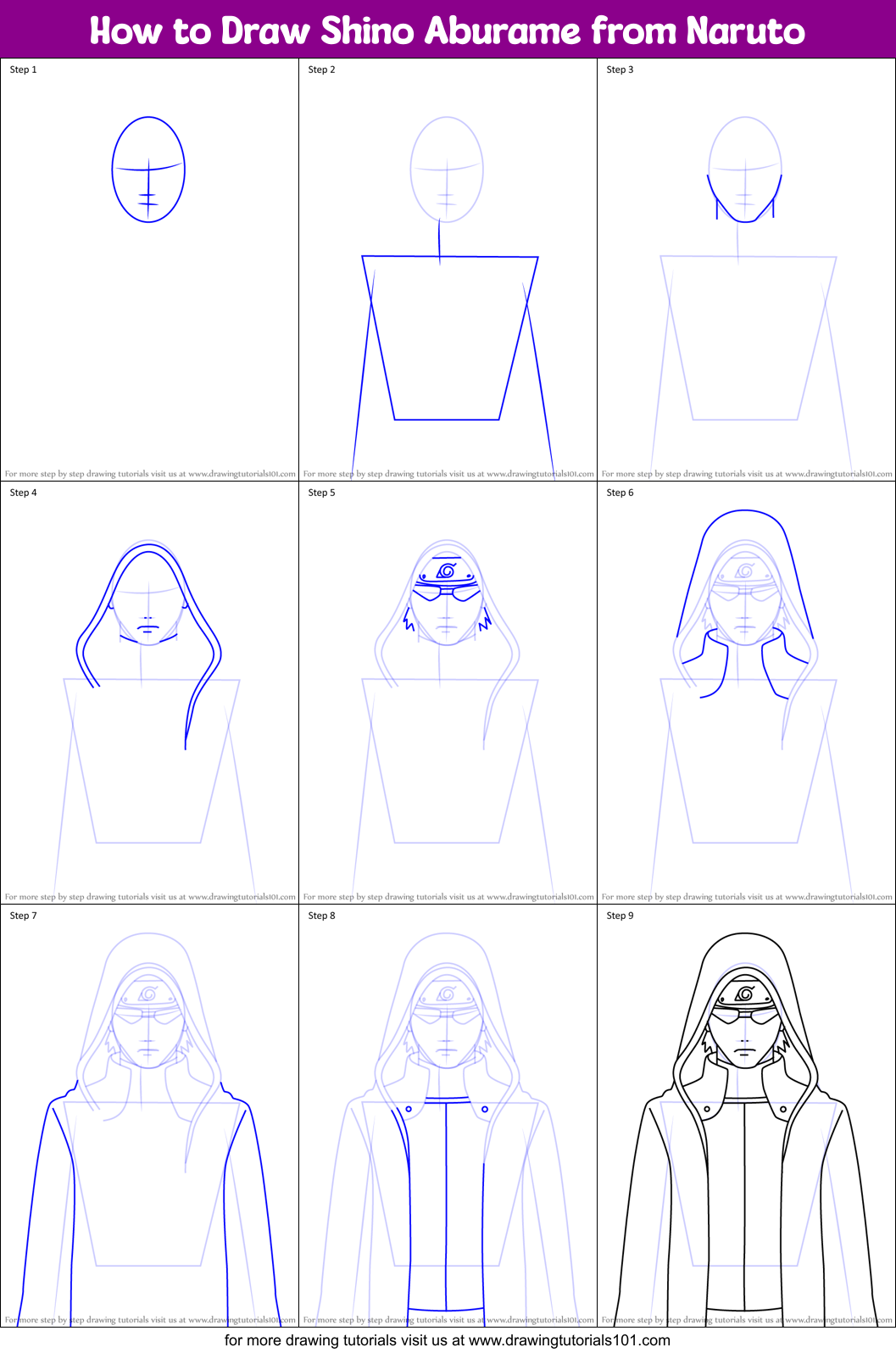How to Draw Shino Aburame from Naruto Printable Step by Step