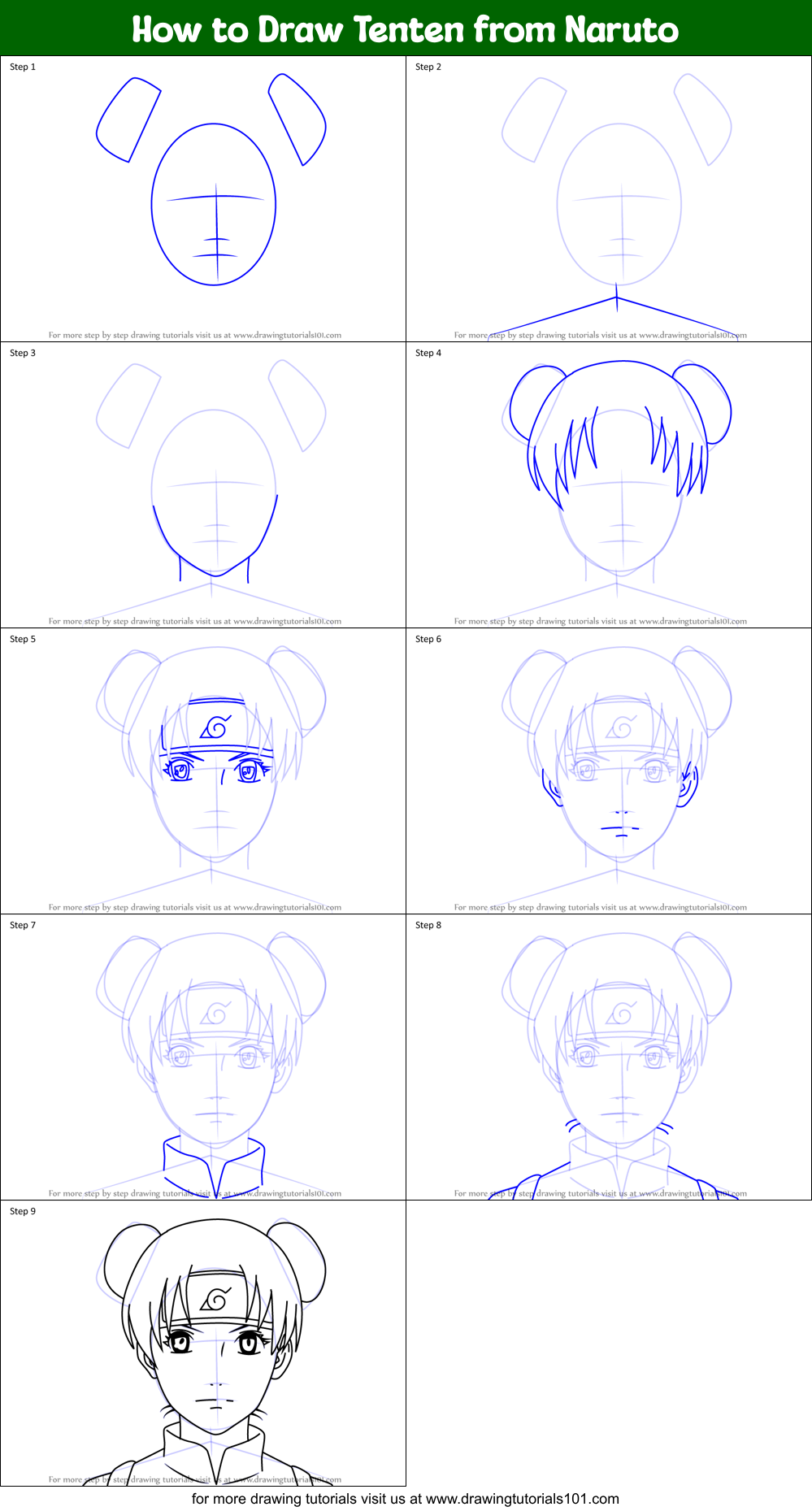 How to Draw Tenten from Naruto printable step by step 