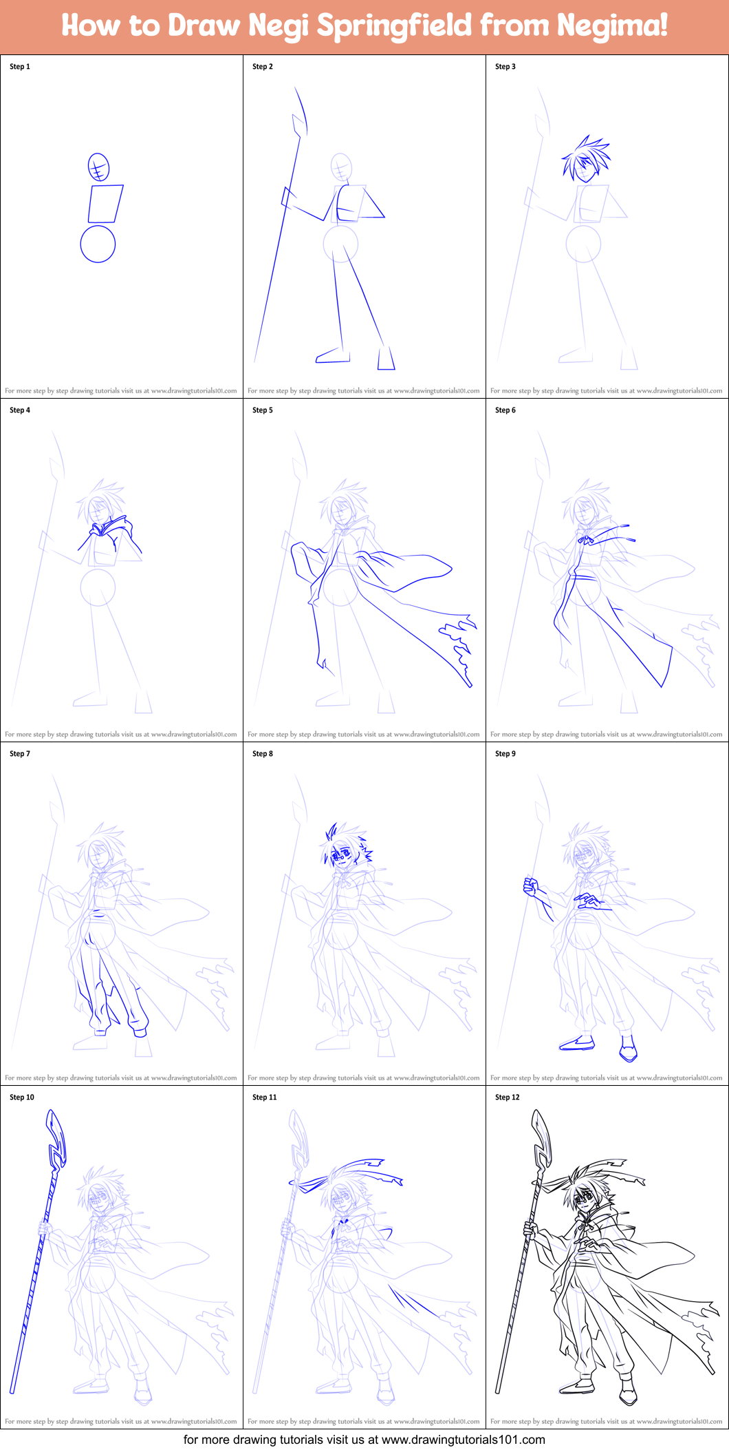 How to Draw Negi Springfield from Negima! Printable Step by Step